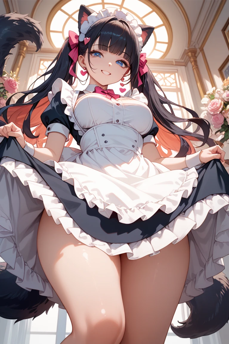 One Woman、One Man、The man is looking up her skirt、Beauty、Florist、All around me are flowers、淫乱Florist店員、Floristの店員、Age 25、flare skirt、Looking down at the viewer, Loose and fluffy long hair, Highest quality, Focus on the thighs, smile,  Black Pantyhose, panties under pantyhose、Plump thighs、Big Ass、Big 、 Black Hair,My thighs are steaming between the legs 、Sweaty pantyhose、Angle from directly below、Waiting for a bouquet、apron