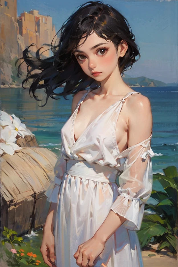 light make-up、Beautuful Women、比基尼、noble、sandbeach、full bodyesbian、long whitr hair、Back hand、adolable --auto