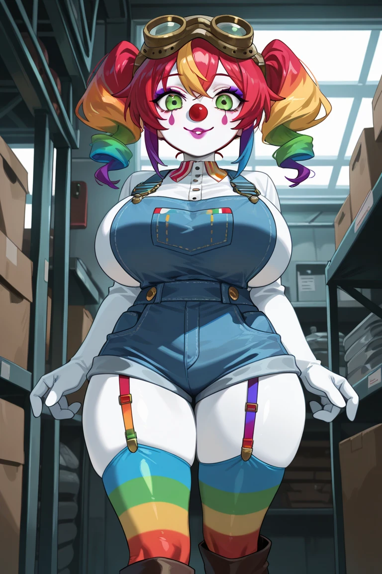 Woman dressed as a clown in overalls face painted like a clown with a big psycho smile and blood on her face with a knife in her hand and with a fat butt and chubby thighs 