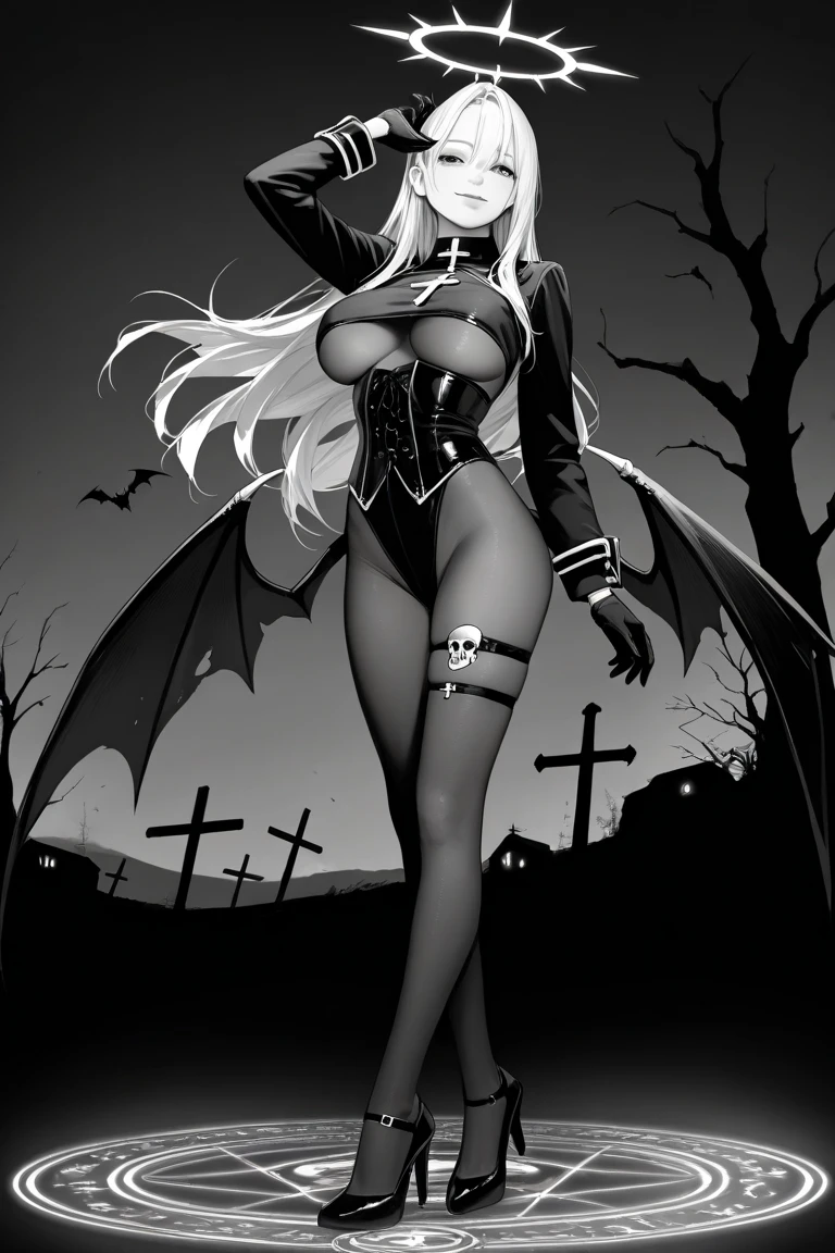 "Terrifying apparition of a ghostly wraith, ominously hovering above a haunted cemetery, adorned with skeletal features and radiant, glowing eyes. Partly transparent ghost body Full body render, masterpiece"