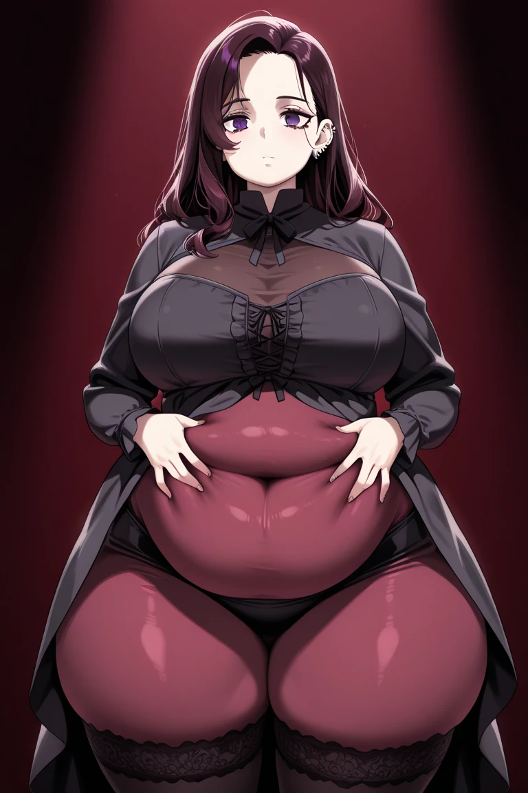 (masterpiece, best quality, highly detailed), 1girls, big belly, huge belly, art by kipteitei, round belly, chubby, curvy, belly grab, enormous belly, fat belly, thicc, bigger belly, really big belly, jiggly belly, glasses, unzipped jacket, (no shirt), bra, thight shorts, high heels, smug face ((full body)), long hair