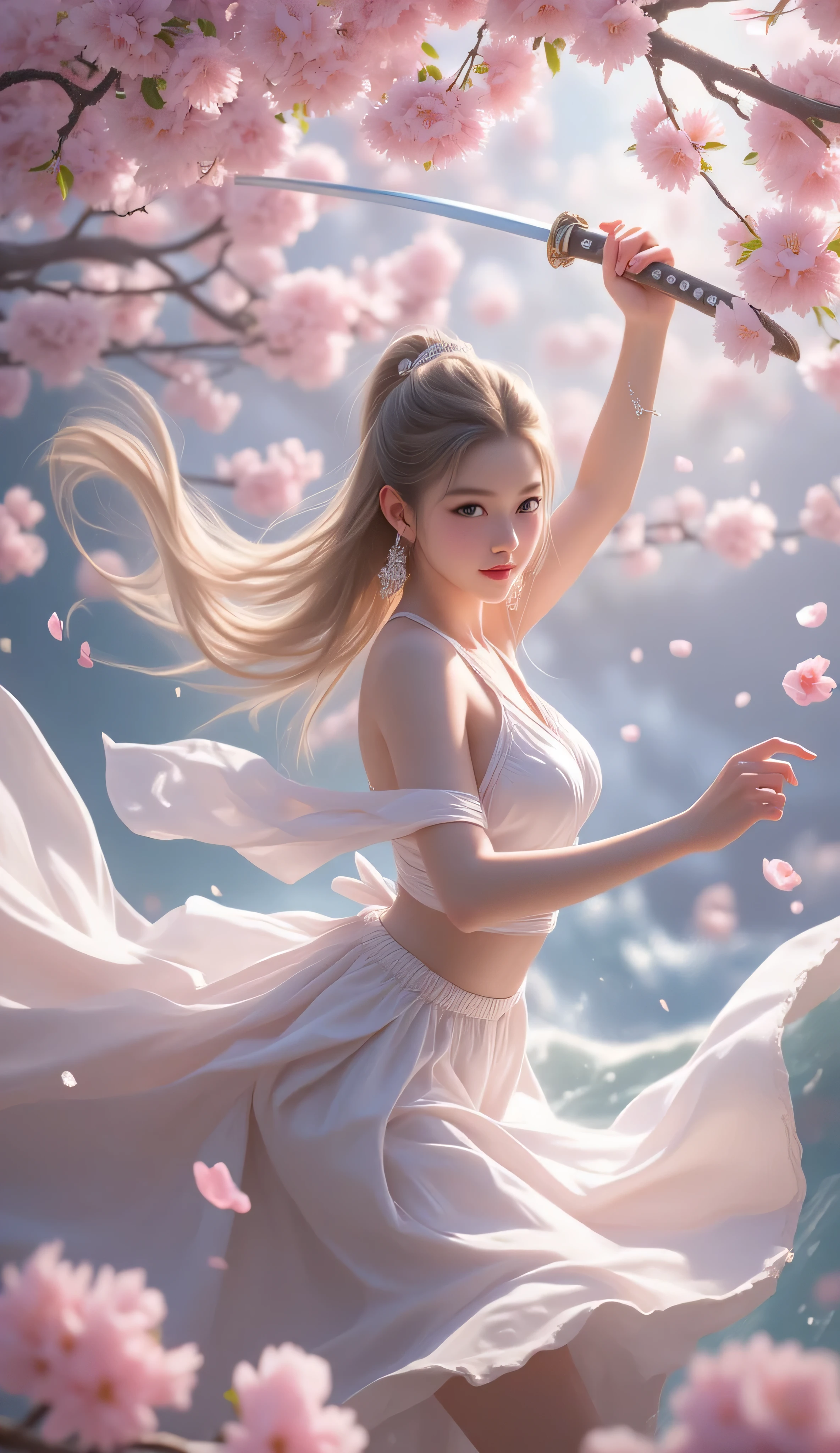 young woman in Cherry Blossom Sea, highdetailed cherry blossoms, masterpiece, Rising Goddess of Cherry Blossoms, sword dance, epic cherry blossom whirling, cherry blossom epic rain