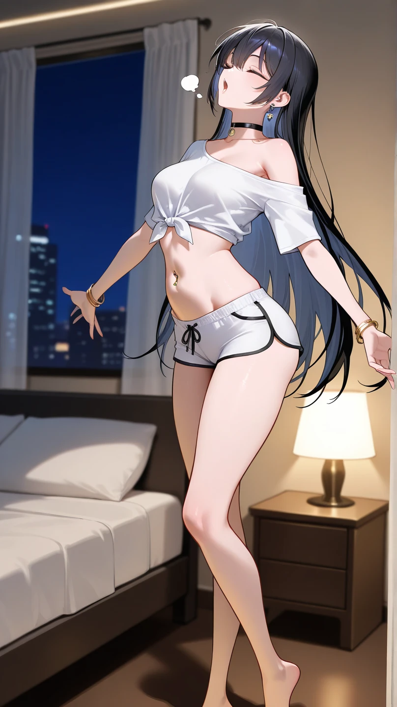 long hair, black hair, medium breast, slim legs, navel, nervous, hot pants, cleavage, bedroom