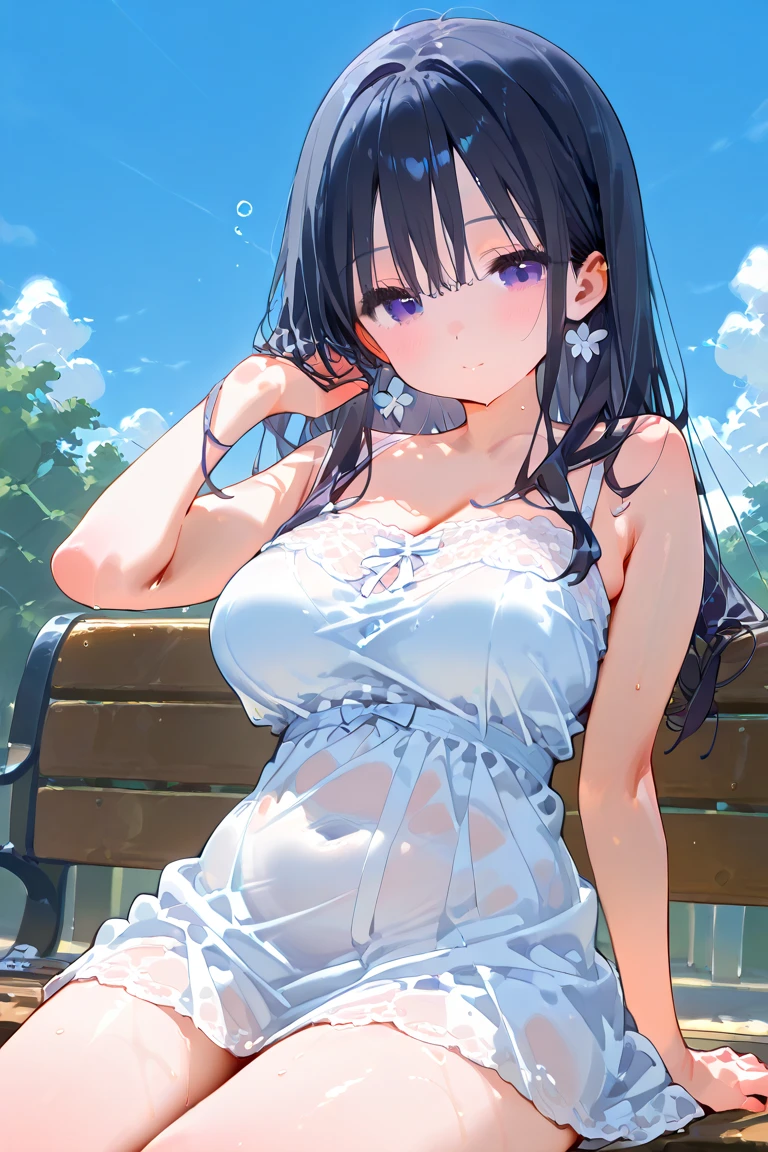 Cute white underwear visible when skirt is lifted、A blue bra showing through the white dress shirt of the uniform、barefoot、Cumulonimbus cloud and blue sky