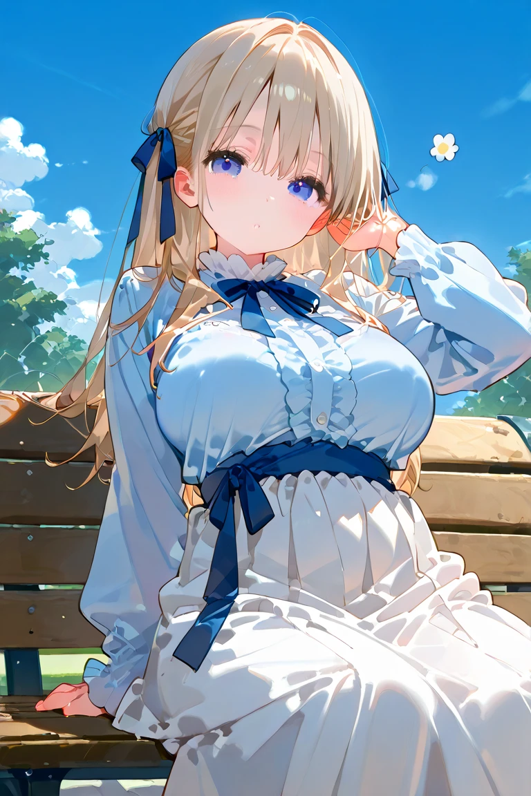 (masterpiece, best quality),  intricate details, 
1girl, blonde hair, blue eyes,  light blonde hair, white hair tips, 
Big breasts, smiling, opened mouth, wear white shirt, long Sleeve shirt,  blue checkered shirt, Park background