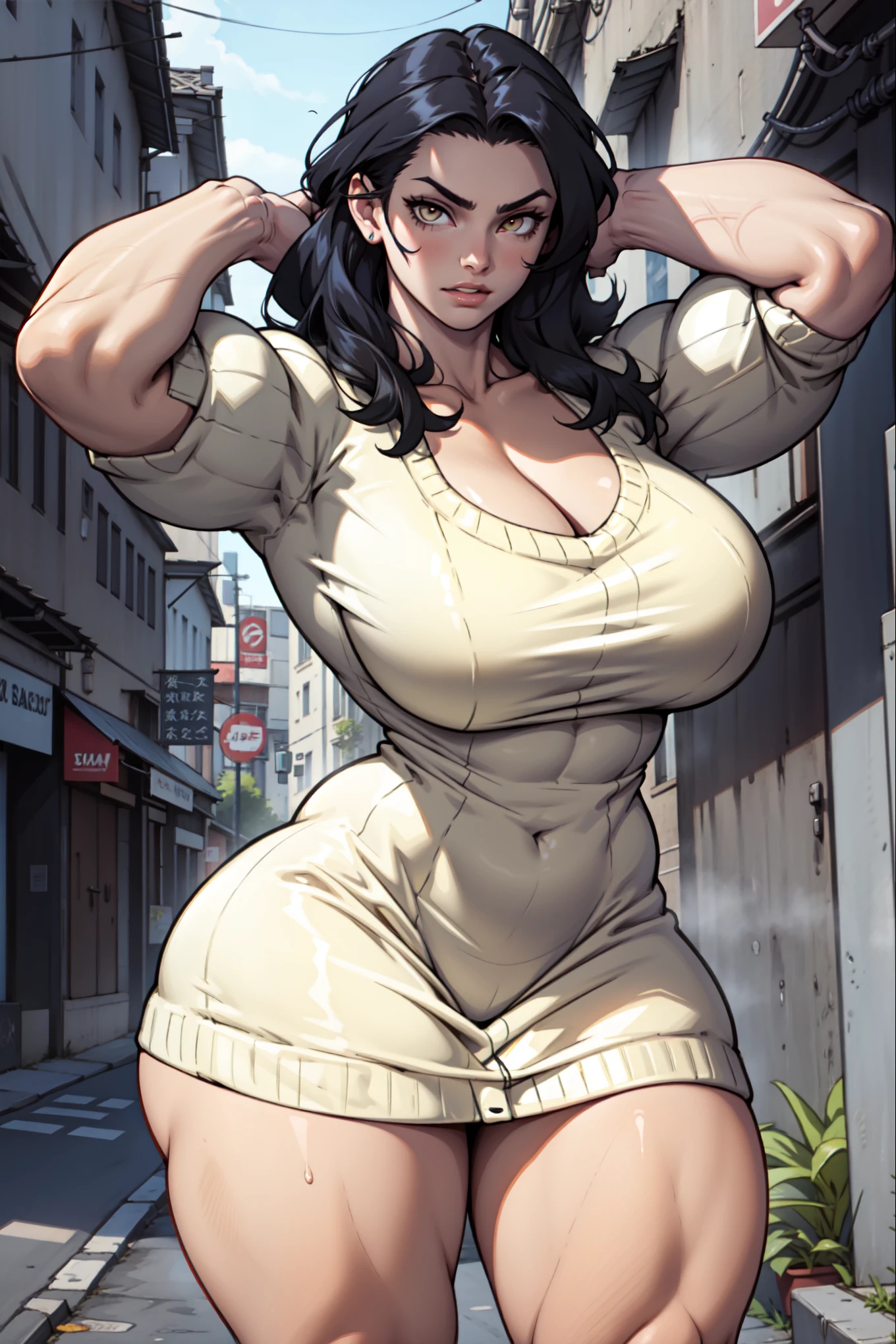 there is 1woman walking through the street,solo,(((A MILF: 1.4))), (Curvy:1.35),(((Dark skin))),Curvy physique,, Thick body，((Completely naked)),,((naked ),,model in Japan，((Sexual suggestiveness)),from above