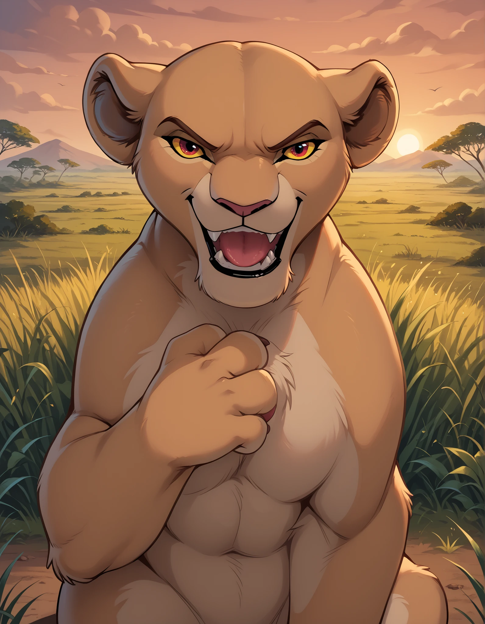solo, Lioness, Feral, smile, open mouth, tongue, sharp teeth, grin, (looking at viewer, sitting, africa, sunset, grass, front view, detailed background, upper body, narrowed eyes, 4 fingers, paws, hand on own chest, angry