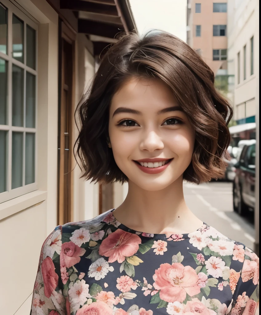 391 ((young woman)),(short hair),(floral dress),(archic smile)