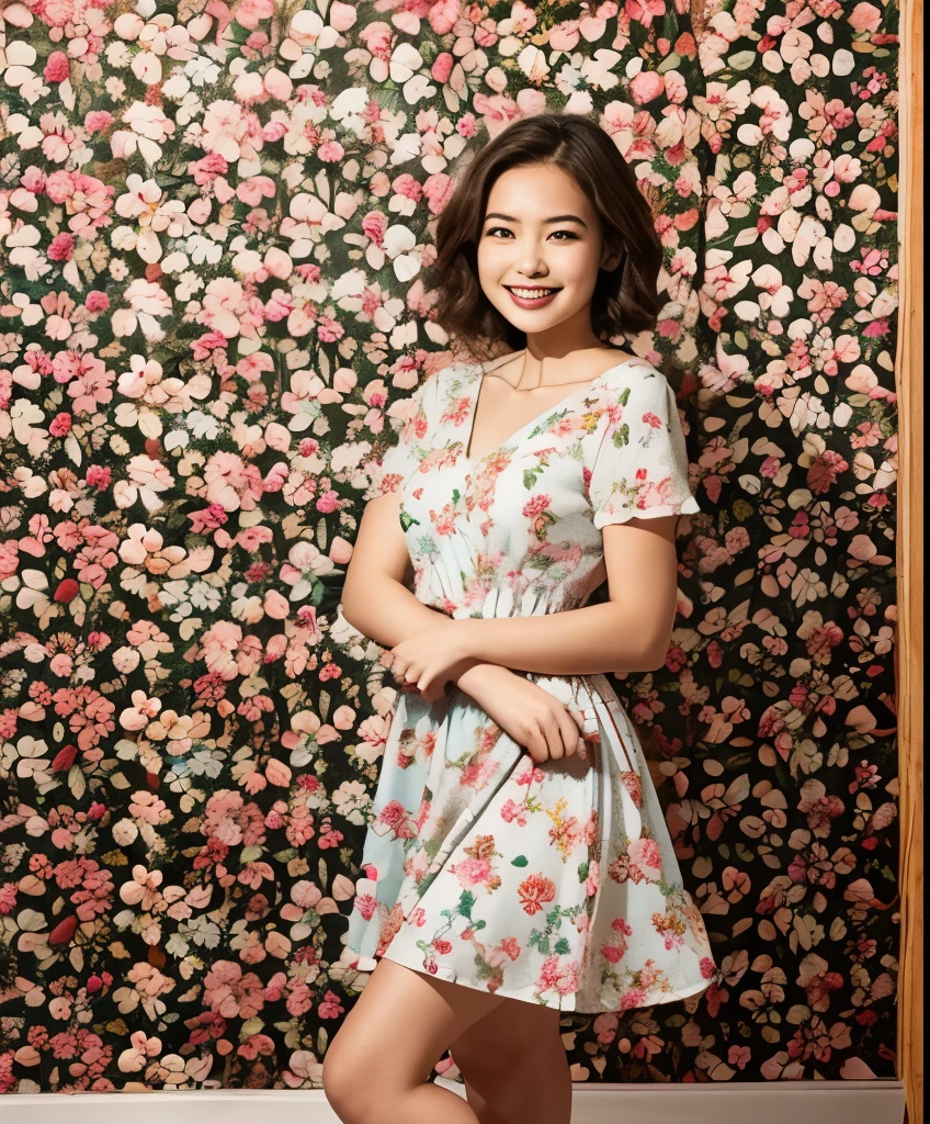 391 ((young woman)),(short hair),(floral dress),(archic smile)
