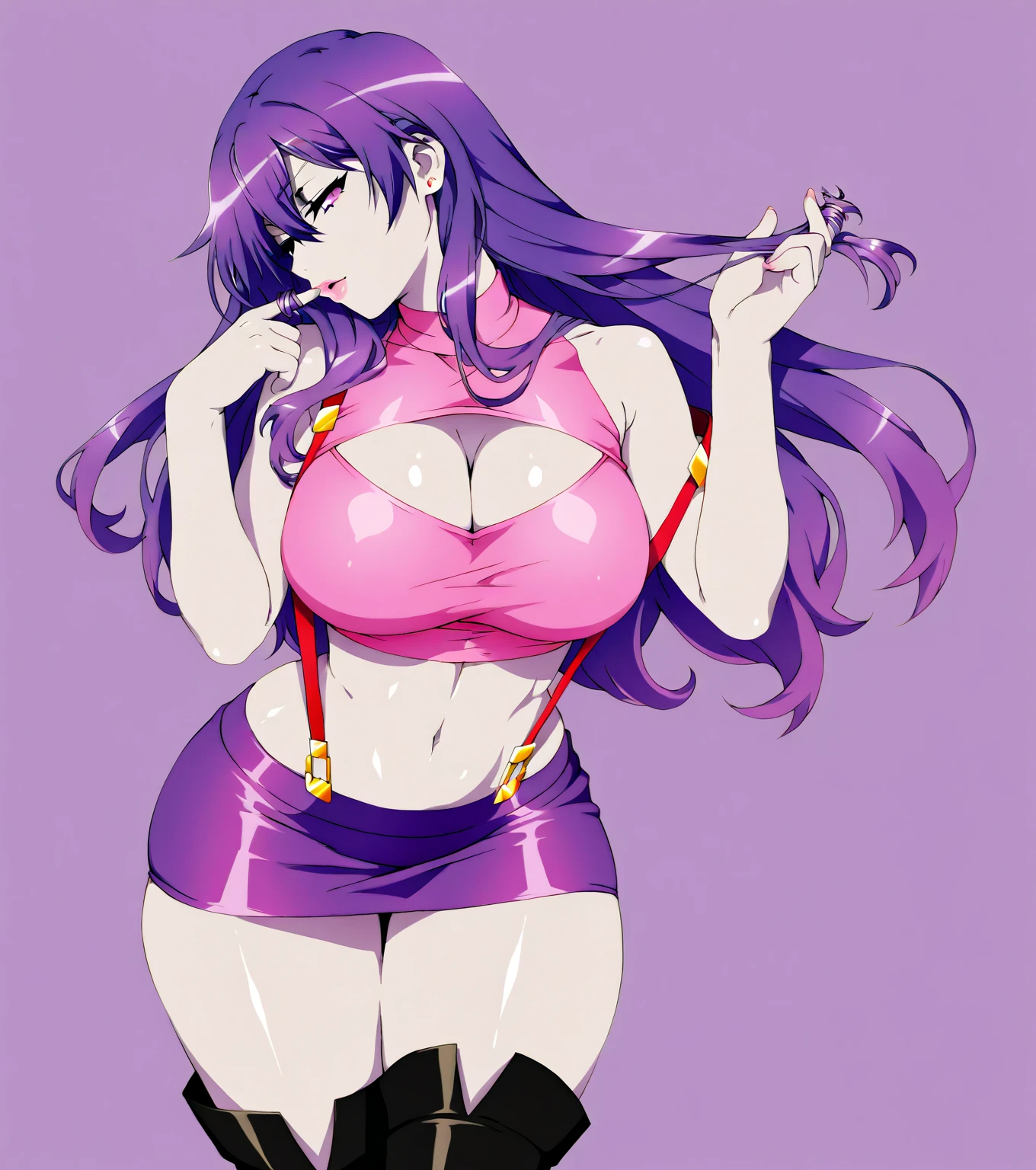 20 year old woman, busty, bubble butt, hourglass figure, skinny, blushing, tired expression, horny, exhausted, long hair, purple hair, wavy hair, wearing belt, latex crop top, latex pants, cleavage, tight fitting clothing, underboob, gray background, anime, flat colors, dynamic pose, hands on chest, heavy make up, kissable lips, red lipstick