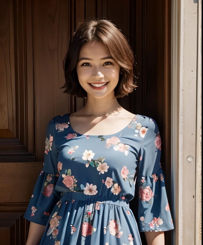 391 ((young woman)),(short hair),(floral dress),(archic smile)
