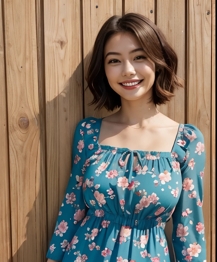 391 ((young woman)),(short hair),(floral dress),(archic smile)