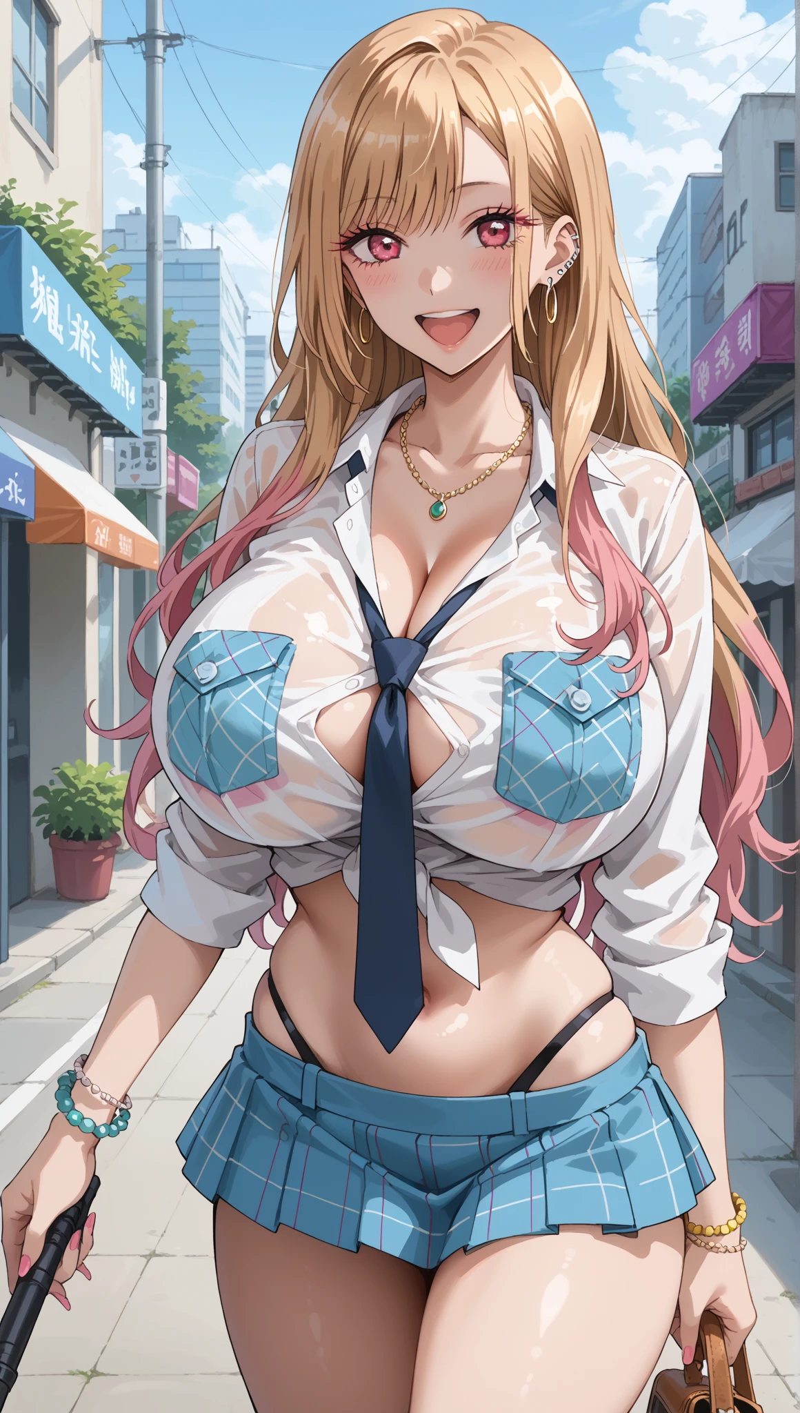 (((Uniform torn and nipples exposed)))、((bra very))、((((feel shy))))、((a blond))、beautiful  Girl、Large beautiful breasts、cleavage of the breast、A slender、オマンコ、((((shyly seduce))))、((((痴女))))、((((sexually seducing))))、((Inside the bustling city))、((smil))
