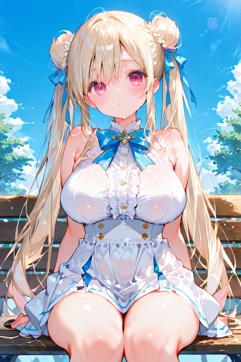 1 Girl, Solitary, long hair, breast, looking at the audience, blush, Smile, open mouth, Bangs, Blonde Hair, Hair accessories, Long sleeve, skirt, bow, Animal ears, very long hair, Yellow eyes, flower, Pantyhose, small breast, Ruffles, Separate sleeves, tie, sky空, Sleeveless, sky, Striped, cloud, hair flower, Sailor collar, white skirt, blue seductive pose，Butt，Cleavage，，Suspenders，underwear，Suspenders，Bikini，Amorous，Topless，Lace，Kneeling，Legs open，Wet，Leg ring，Squeeze the meat