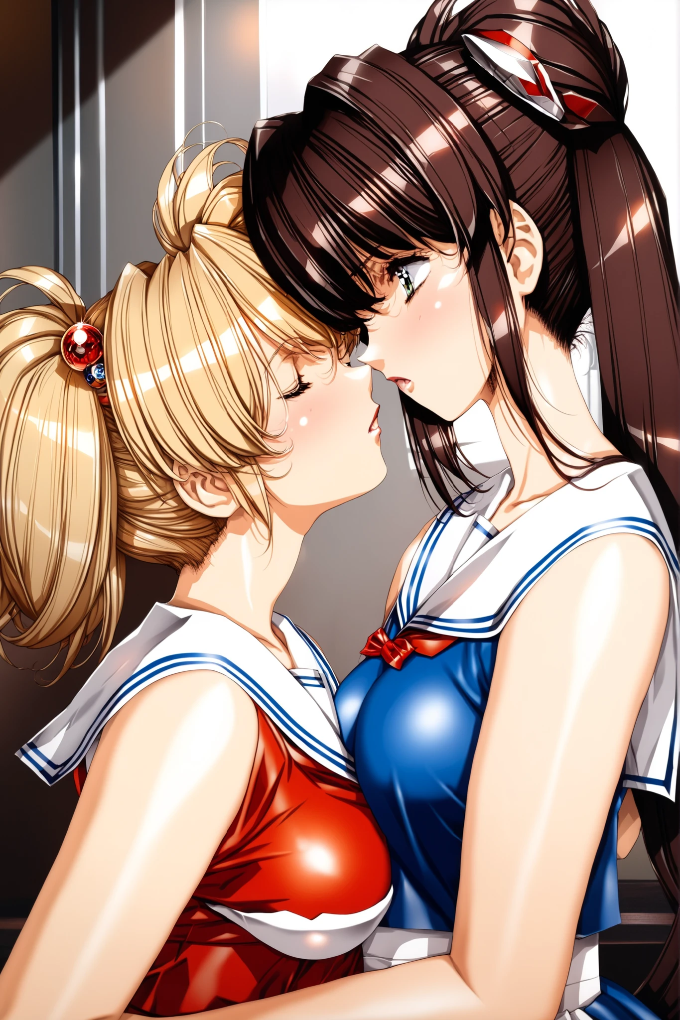 2girls, kissing forehead, girl kiss girl forehead, puckered lips, closed mouth, lips, red lips, cheerleader, high quality, best quality, masterpiece, absurdres