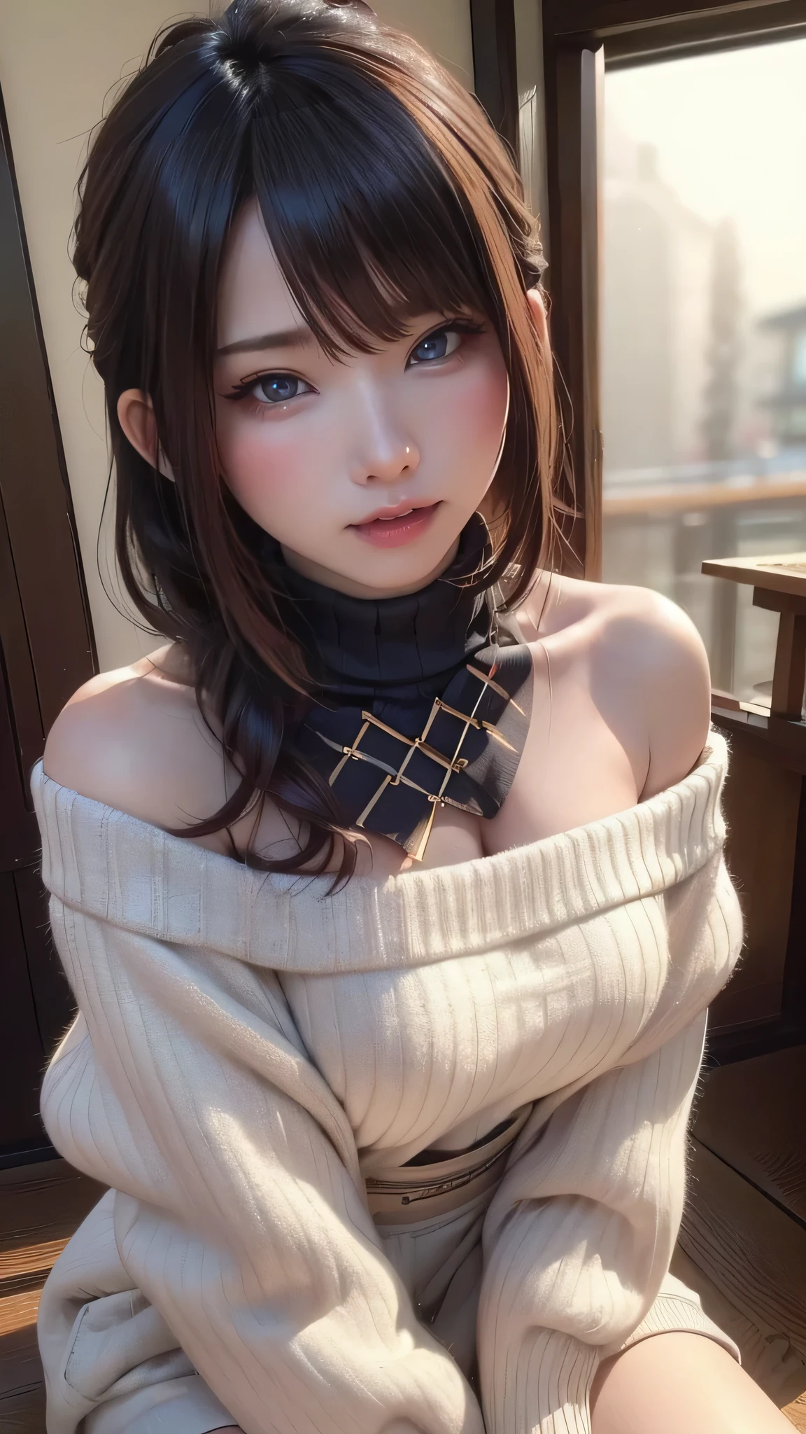(8K, Photorealsitic, RAW photography, top-quality: 1.3), 
(((1 girl captured by criminal))), ((wrists tied with ropes behind the back:1.3)),
rich detail, perfect image quality, beautiful face, perfect beautiful face, Fallen face,shy,
Dark brawn messy hair, long hair, Dark blue eyes, 
casual clothes, off shoulder, knitted sweater
looking at viewer, cowboy shots, 
((( spread legs))), After Cum Inside,