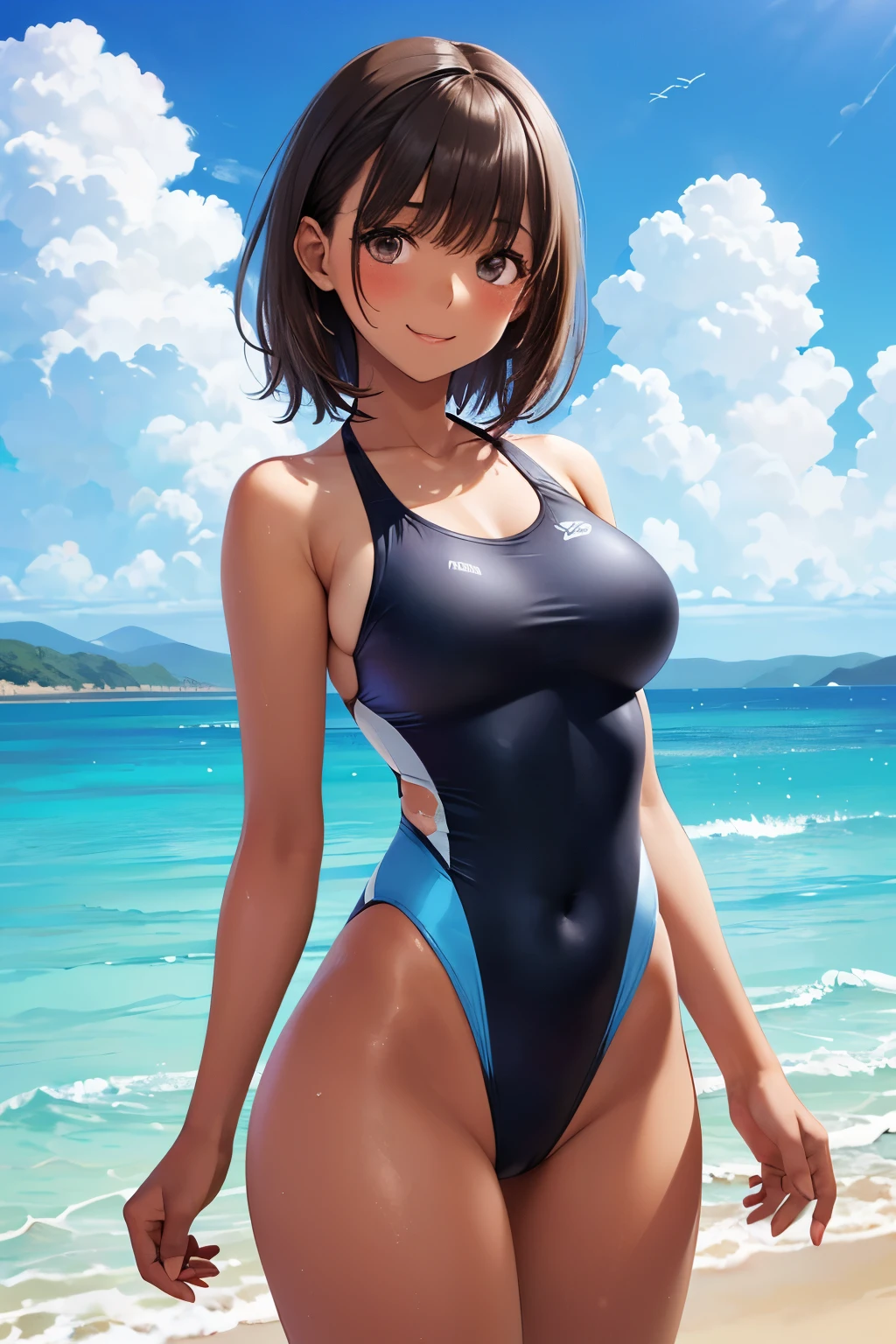 best quality, 1girl, masterpiece ultra detailed, illustration, yang guifei, glossy lips, blush, light smile, short hair, sitting, on a rock, swimsuit, collarbone, knee bent