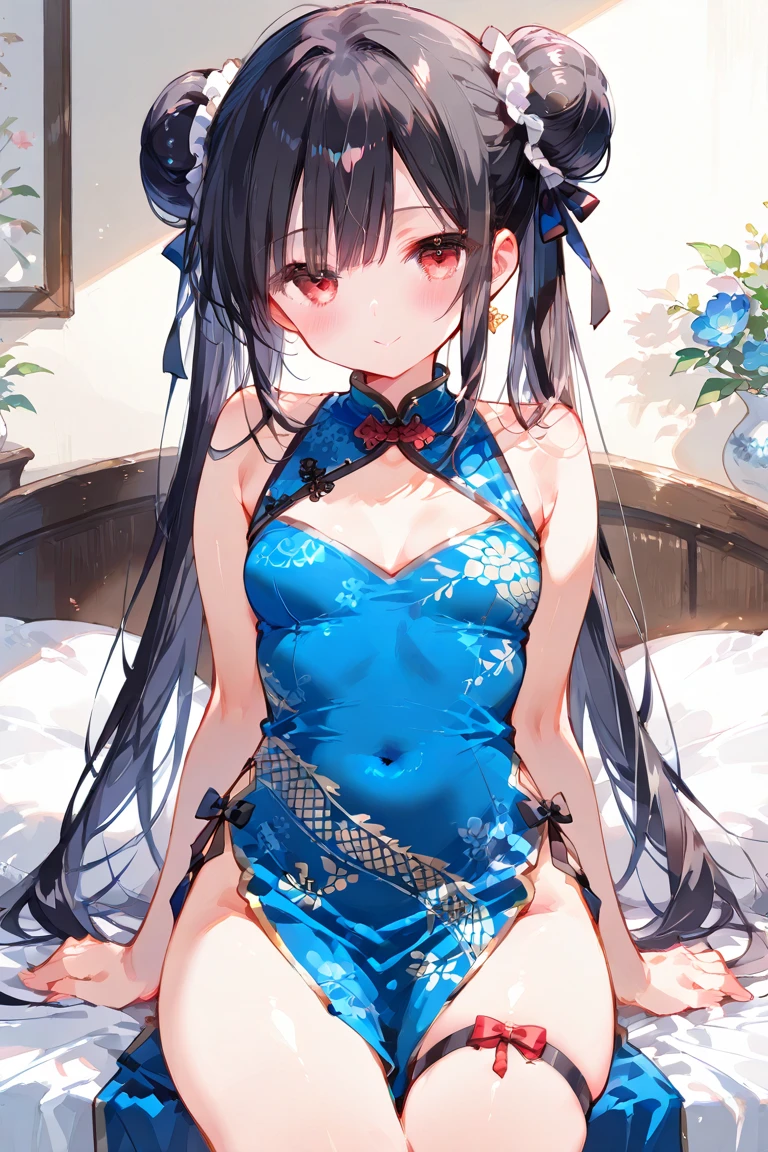 chinese bun black short hair,bun cover,_((dress lift Transparent see-through china dress)), long dress,tight mini skirt, gold decoration dress, sleeveless, ultra detailed dress,cleavage, cleavage cutout, clothing cutout,,((NSFW))　((hentai))Long black hair　((Toddler girl))　((5 years old))((Small breasts))((crop top navel))