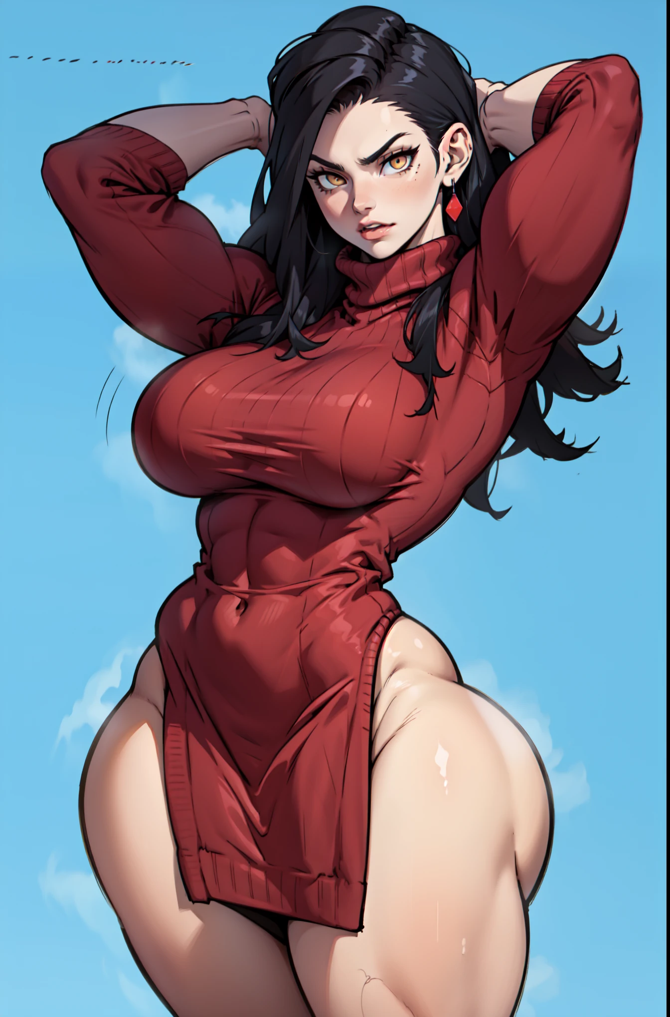 Beautiful woman, red lips, long black thick hair, big breast, stand up, battle field, dust, explode, naked, my hero academia style