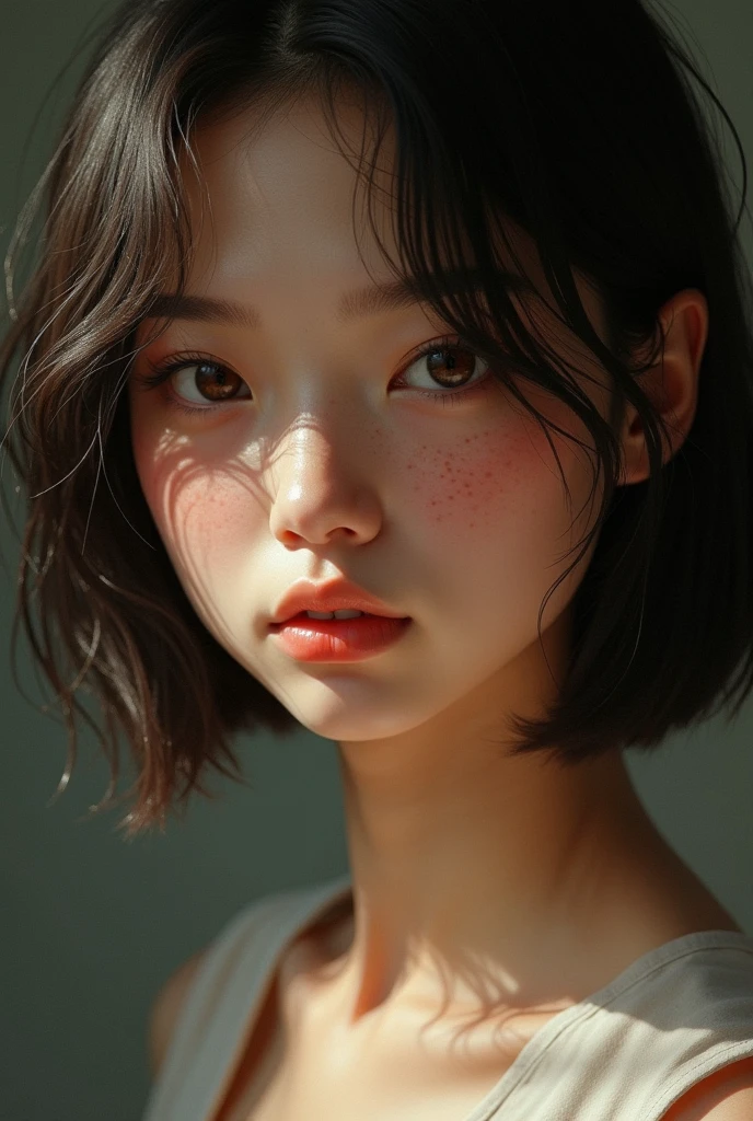 (best quality,4k,8k,highres,masterpiece:1.2),ultra-detailed,(realistic,photorealistic,photo-realistic:1.37),beautiful detailed eyes,beautiful detailed lips,extremely detailed eyes and face,longeyelashes,1 girl,portrait,fantasy landscape,magical forest,glowing fireflies,warm sunlight,dramatic lighting,vibrant colors,cinematic, cute face, pretty girl, ((short hair)),
