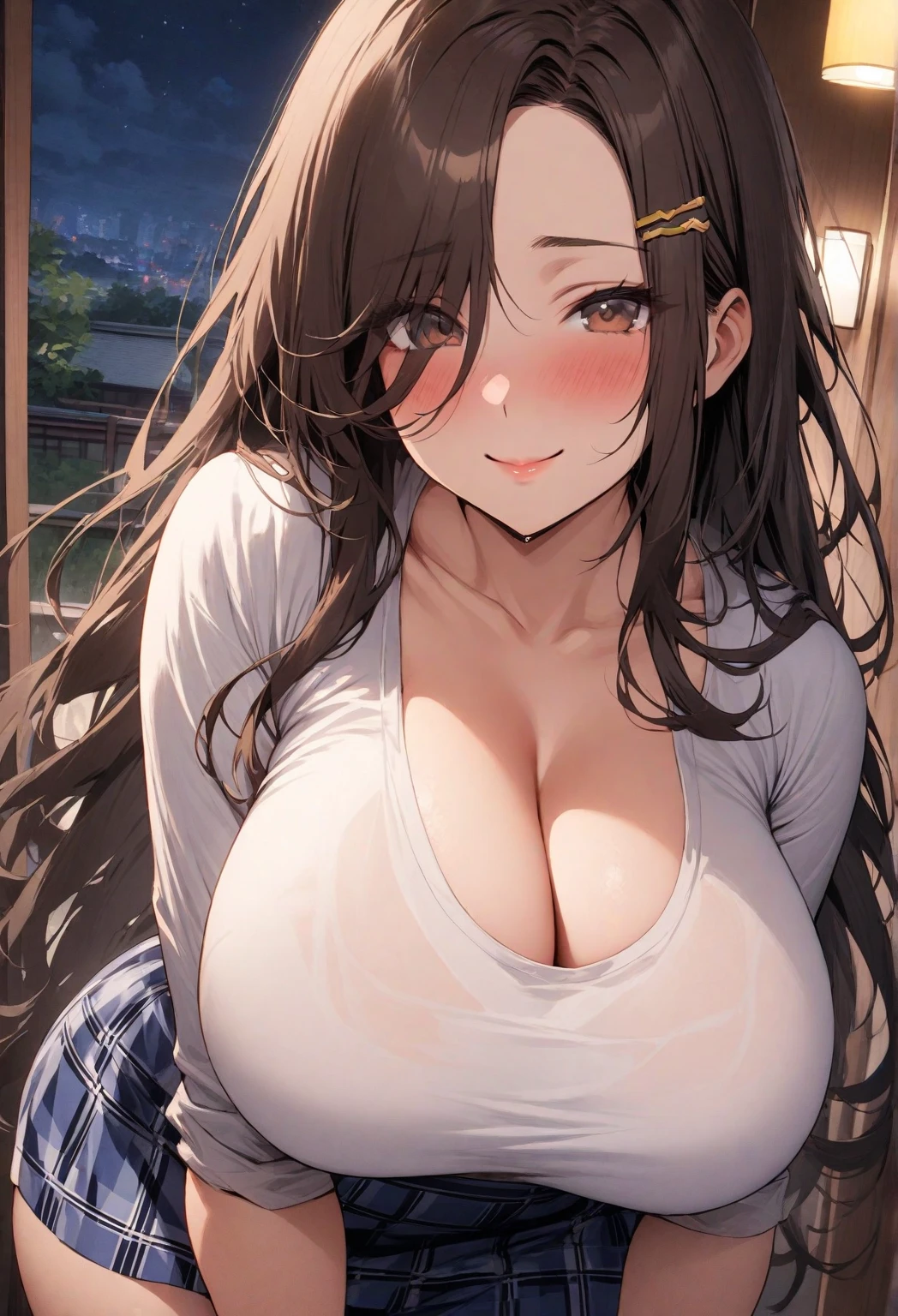 ((highest quality)), ((masterpiece)), (be familiar with), young,perfect face,tits,big breasts,cleavage,shoulder,brown hair,long hair,black sweater,night,city,high school girl,mini skirt,bag,puffing out the cheeks,smile