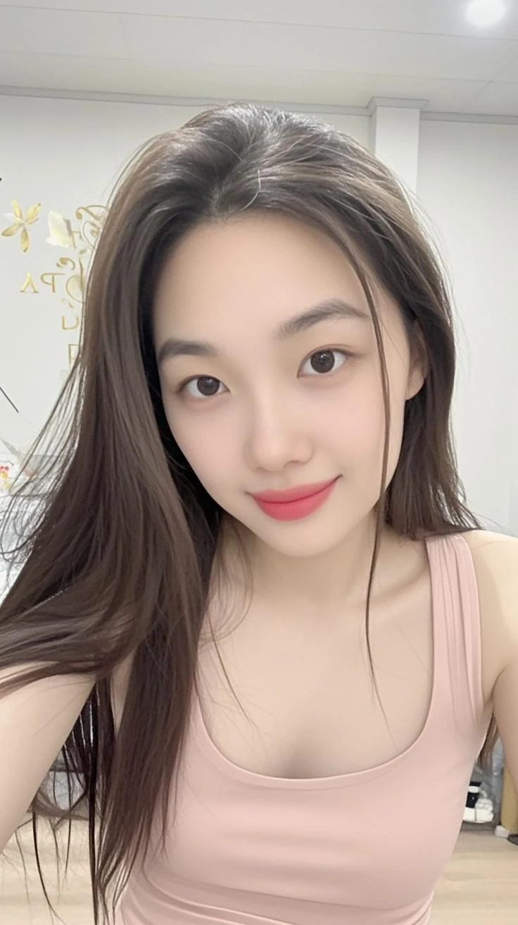 ((Best quality, 8k, Masterpiece :1.3)), 1girl, beautiful woman with emphasis on plump abs: 1.3, full body, (long hair, big breasts: 1.2), oversized tank top: 1.2, ultra-delicate face, delicate eyes, double eyelids, smile, home, random color clothes