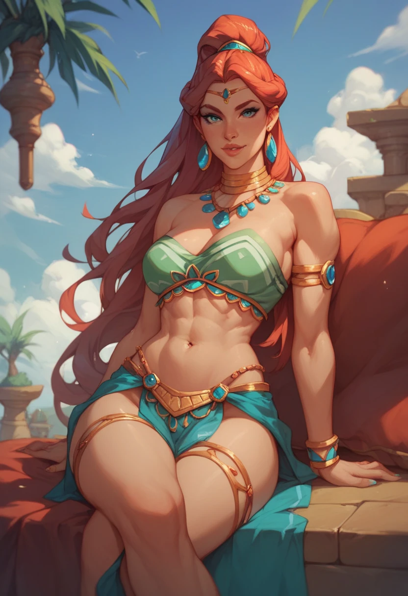 ((high detailed, best quality, 4k, masterpiece, hd:1.3)), ((best quality)), (((HD))), (((8k))), (ultraDH), (ultra HD), green eyes, BREAK green eyes, seductive, attractive, smooth anime cg art, 36C breasts, long legs, vivid colors, slim body, perfect skin, red hair, long hair, light hair, red hair, BREAK crown, cleavage, 36C cleavage, looking at viewer, BREAK looking at viewer, extremely detailed face, earrings, gem, dark blue makeup lips, dark gothic eyeshadows, dark eyeshadows, white eyeshadows, blue sexy lips, dark lips, very dark lips, (perfect hands, perfect anatomy), light makeup, blue medium lips, blue thick lips, detailed fingers, five fingers per hand, 5 fingers, (1 girl), detailed lips, detailed blue lips, blue painted lips, gothic painted lips, (breast focus), (arms outstreched:1.2), (from above:1.1), (breasts out:1.3), (off shoulder:1.1), (((desert))), (((bra with straps))), (((cleavage focus)))