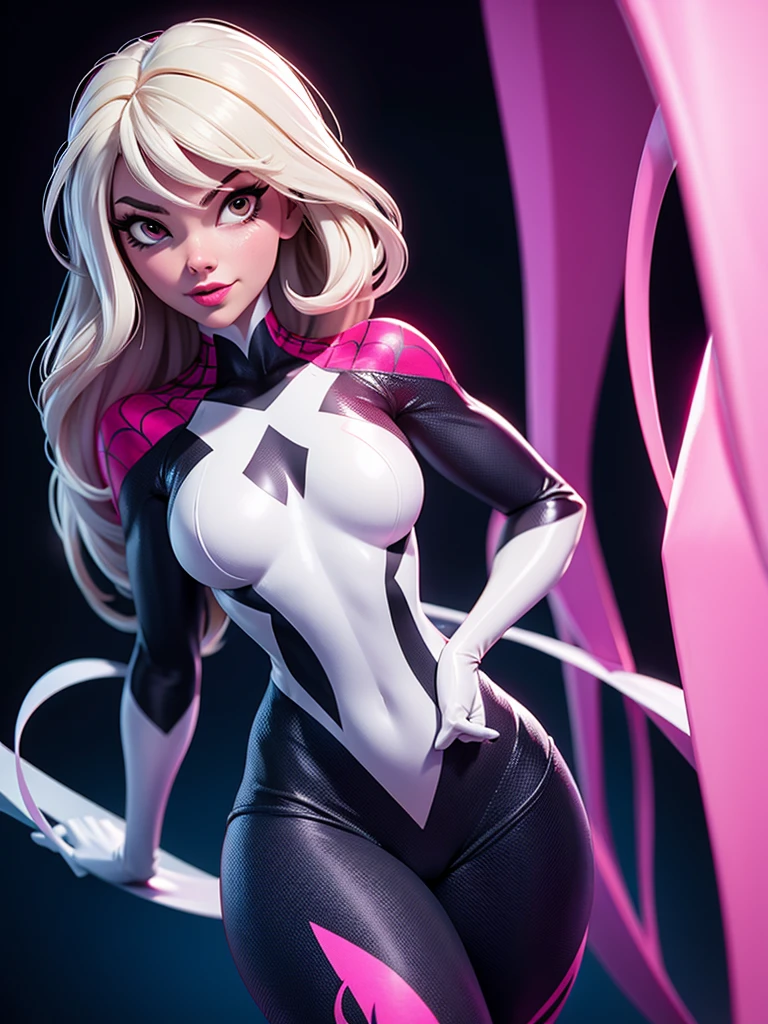 ((Ultra photorealistic raytracing)) (realistic lighting) Ghost Spider, Gwen in a black outfit with spider in the center of her chest in white, big chest, big thighs, sexy, organic looking outfit, gooey forehead, white eyes, stylish pose, masterpiece, PS5 cinematic screenshot, highly detailed cinematic rendering, with cinematic lighting