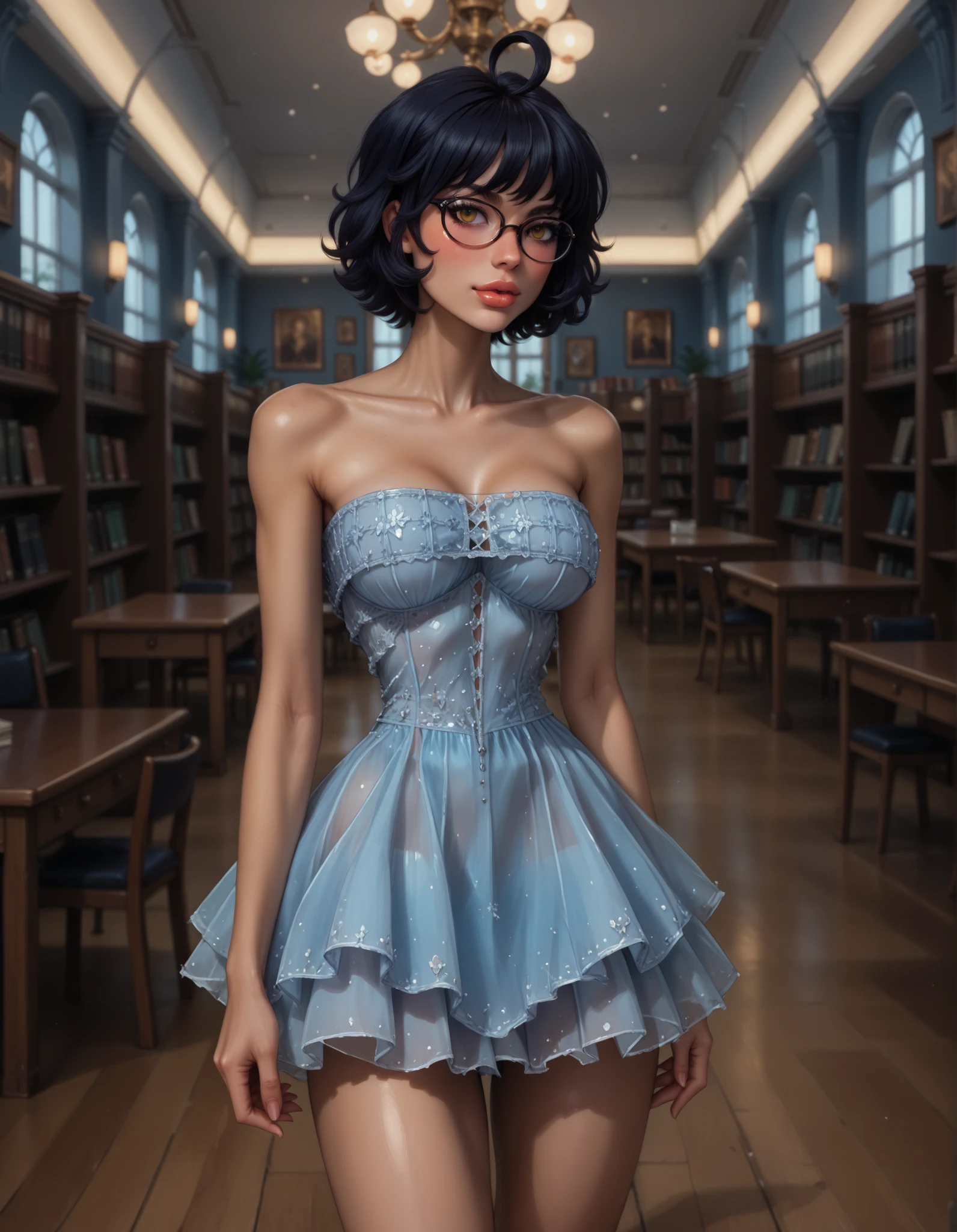 score_9, score_8_up, score_7_up, score_6_up, high resolution, ultradetailed, high detailed picture, look at you, blush, thin and elegant hands, neat palms, perfect hands, neat feet, eyelashes, fit skinny girl, long legs, full body shot, sexy revealing dress, strapless dress, short dress, blue dress, view breast, night school library interior, zhenya_es, dark blue hair, short hair, ahoge, yellow eyes, glasses, disheveled hair, 1girl, solo, small breast, bimbofusion artstyle