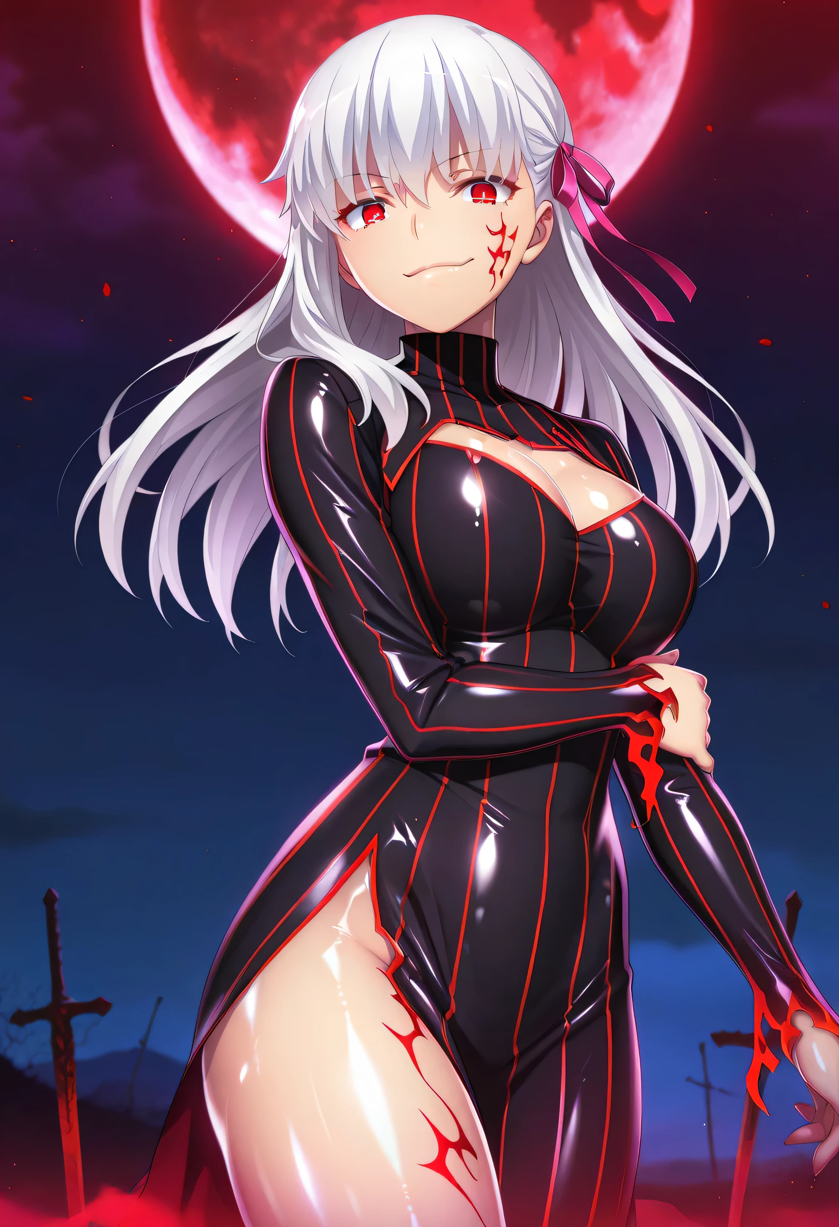 anime screen capture, masterpiece, top quality,
1girl, solo, crazy eyes, (smirk:1.3),
white hair, long hair, red eyes, Facial markings, hair ribbon, pink ribbon,big ,
, dark persona, Corruption, striped dress, Black Dress, turtleneck,(shiny skin:1.9),
Standing, staring at the viewer, cowboy shot,
night, dark, Moon,black fog,