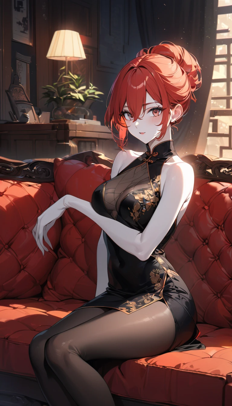 1 Woman, mature, huge tit, lace panty, (Lace bra: 1.1), Lace tights, pelo rojo corto, Short square hairstyle, Slender, legs separated, Red hair,(Dye your hair red:1.1), red tinted hair, red tinted hair, red pupils, perfect bodies, Perfect breasts,perfect ass,perfect boobs,Expose ,on cheongsam --auto