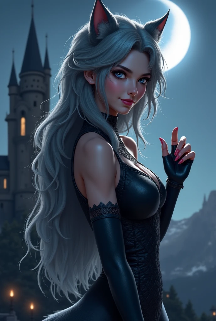 The wolf and the moon in the night with a beautiful woman dressed coolly.