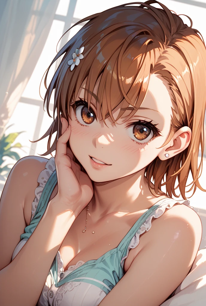 (masterpiece:1.5),(Beet quality),(High resolution),1 girl solo,Beautiful Face,smile(Shining Eyes),Upper Body,Light effects, Woman in off-the-shoulder bikini,Tropical Beach,Cut oranges on the table