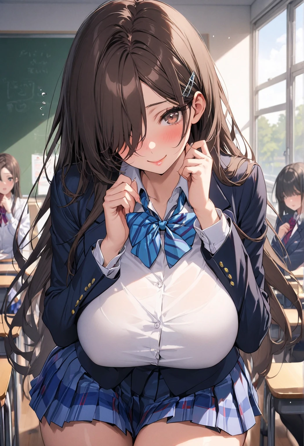 ((highest quality)), ((masterpiece)), (be familiar with), perfect face　High school girl&#39;s bust size is very large and the whole body is seen from the side