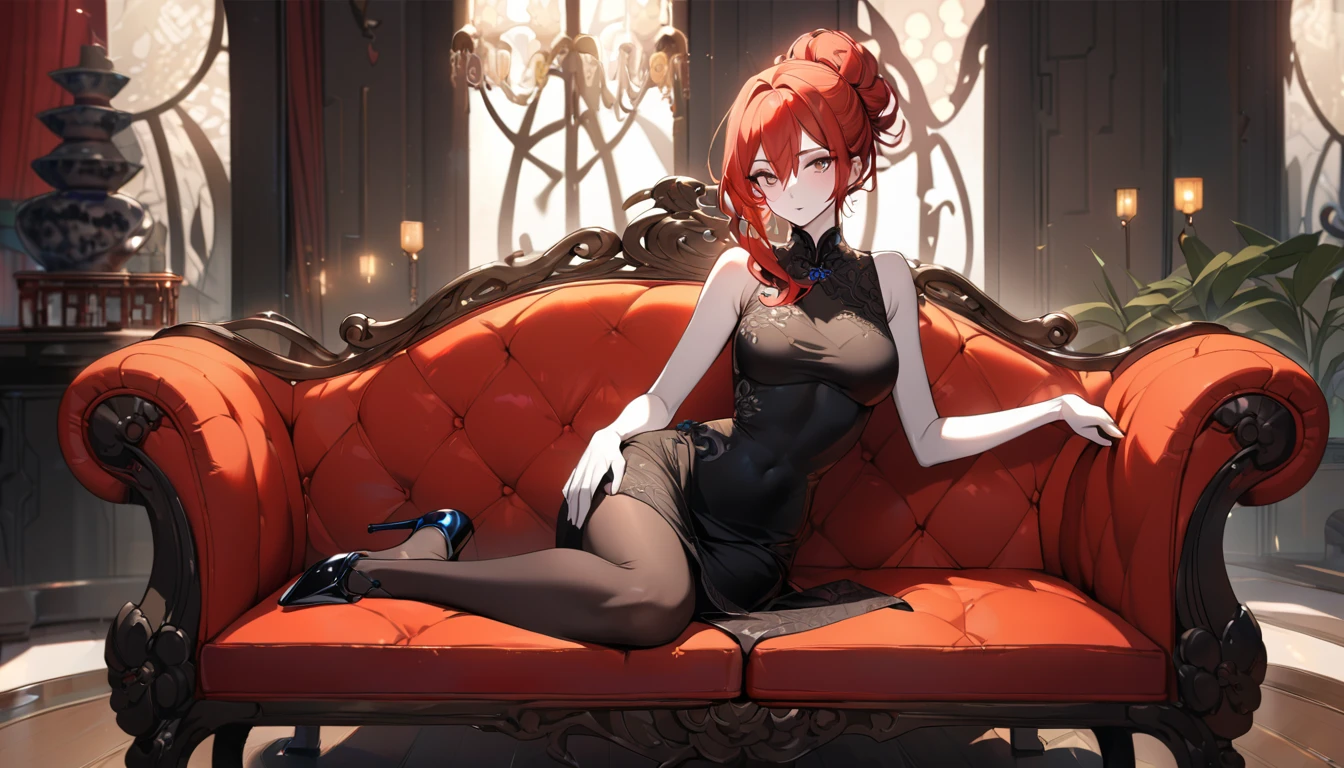 Arima Kana, (Red eyes:1.5), Bob Hair,smile,Redhead,Small breasts,(Bunny girl:1.5),(Black Playboy Bunny:1.0),Bunny ears headband,Fishnet tights,Stiletto heels,sitting cross-legged on a chair,whole bodyがイラストに入るように
break looking at viewer,whole body,
break indoors, stage,
break (masterpiece:1.2), Highest quality, High resolution, unity 8k wallpaper, (shape:0.8), (Beautiful and beautiful eyes:1.6), Highly detailed face, Perfect lighting, Extremely detailed CG, (Perfect hands, Perfect Anatomy),