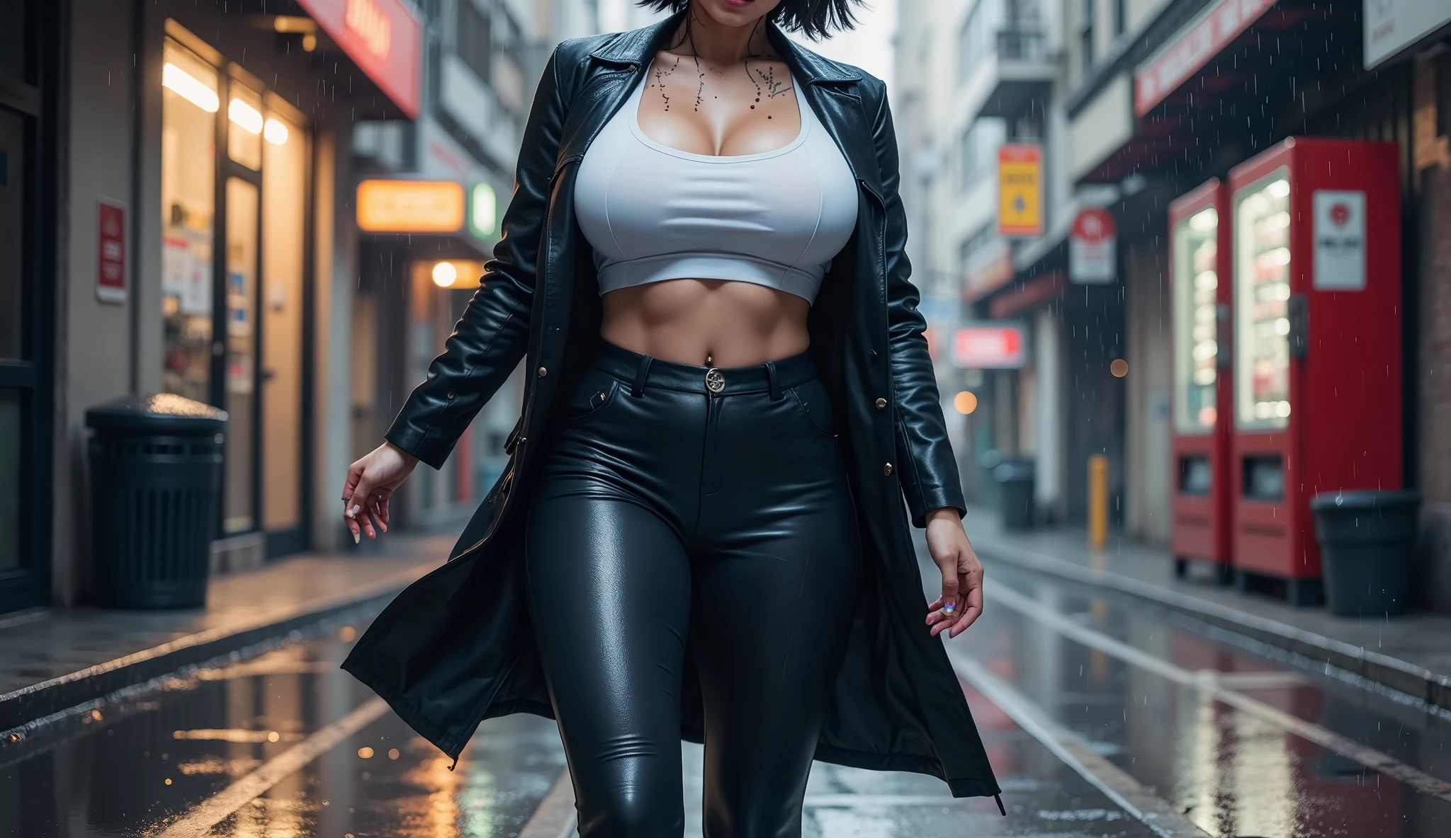 russian milf, perfect and clear eyes, sunglasses, wearing a coat and jerkhin, posing for a photo, in a lonely street at night, short hair, wet hair, wet body, big sized tits and ass, raining slightly, six pack abs, candid photography, realistic, detailed skin texture, dim street lights, cleavage, vibrant colours, great exposure, cinematic, Photorealistic:1.4, UHD