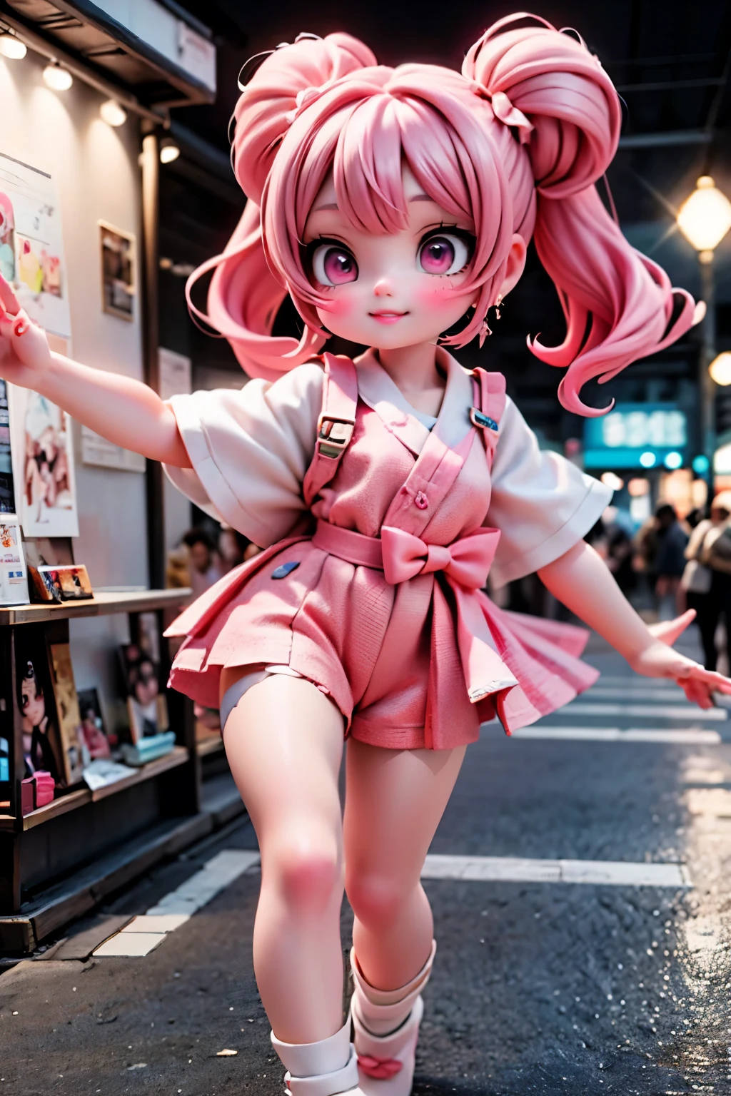 A neon-lit Harajuku street scene at night, with a girl in the foreground, posing mid-leap. She wears a vibrant white and pink outfit, complete with hair bows and a bold hairstyle featuring bright pink locks. Her intense makeup gleams under the dim lighting, drawing attention to her bright smile. The composition is dynamic, with the subject's movement creating a sense of energy and playfulness.
