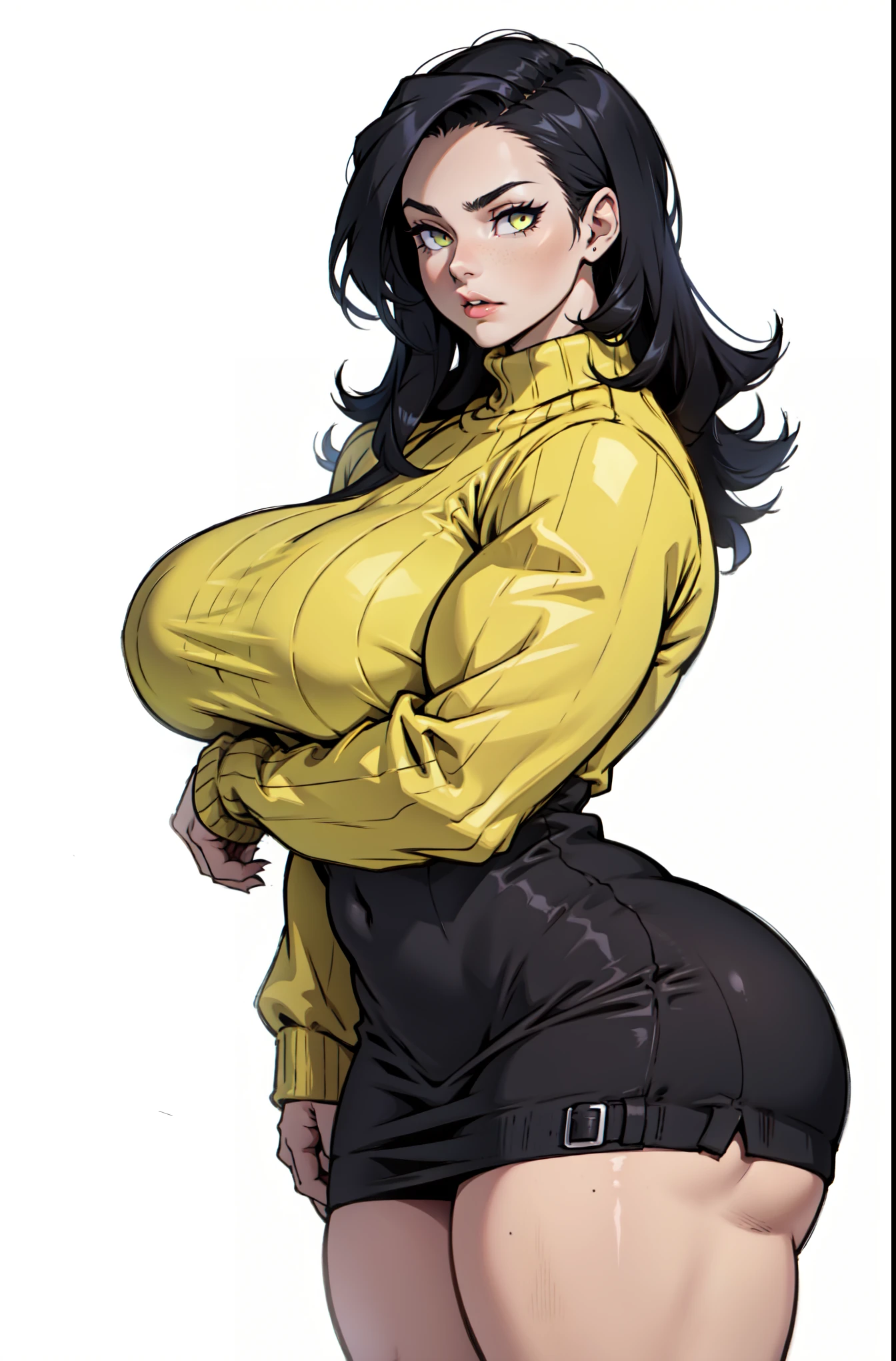 ((masterpiece)),(((best quality))),((character design sheet)), ((full body view)) ((black woman)), ((seductive eyes:1.4)), defined cheekbones, high cheekbones, illustration,  muscular, ((gold:1.4)), sexy bimbo, (gigantic breasts:1.7) black Afro hair, ((detailed face:1.4)) beautiful woman, ((round Afro:1.4)), colored skin, ((black skin:1.4)) , (red lipstick:1.4), shiny skin, scribbles and marks,(puffy lips:1.4) ,(yellow disco outfit:1.3), bell bottom pants,open shirt,  rough sketches, pose, 8k,16k, ( background, white background: 1.3), yellow arms, yellow legs, black torso, yellow and black color palette, ((beautiful face))