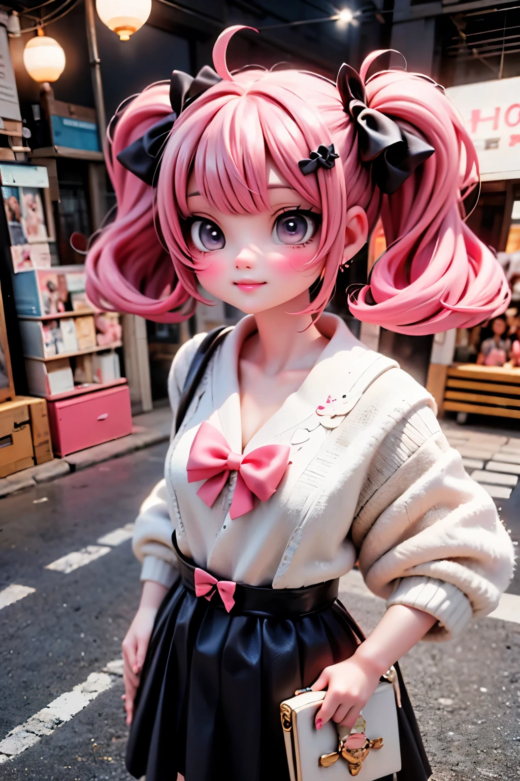 A neon-lit alleyway at dusk, a Harajuku-inspired girl beams with excitement, her bright pink hair styled in dramatic bows. She wears a vibrant white and pink ensemble, complete with intricate makeup and accessories that shimmer under the streetlights. Her eyes sparkle as she gazes longingly at a row of dressers, their ornate handles and mirrors reflecting the city's lively atmosphere.