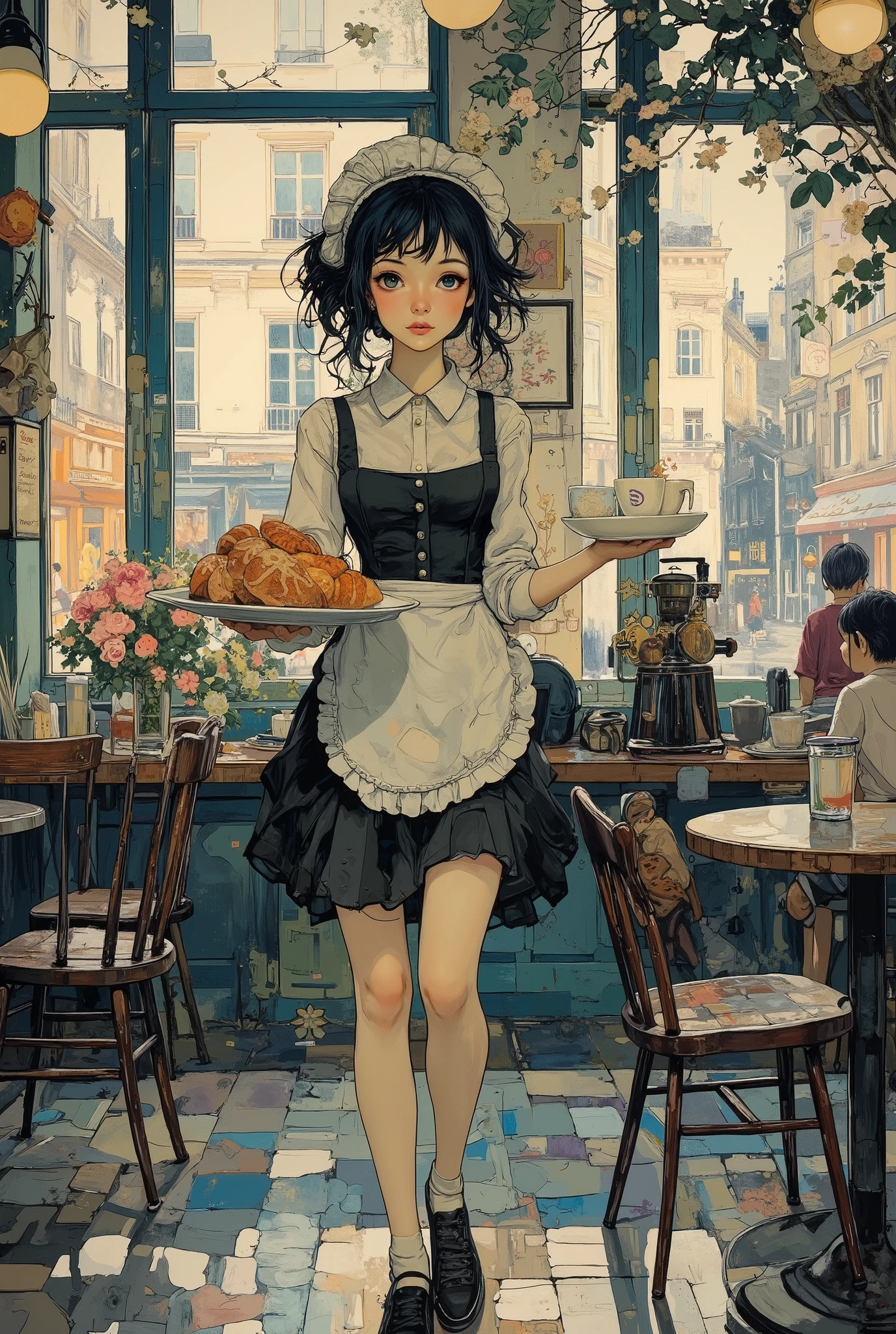 A waitress in a Paris cafe, painted in the style of impressionism. A young woman in a traditional black and white waitress outfit carries a tray with coffee and a croissant. The background is a cozy French cafe with round tables, dark wood chairs and large windows through which soft sunlight pours.Details: blurred silhouettes of other visitors, flowers in a vase, an antique coffee machine on the counter.Lighting: Natural, diffused, with highlights on dishes and the floor. The brush strokes are loose and light, with visible textural strokes, the palette is warm pastel tones with accents of lavender, ochre and turquoise. There is a morning atmosphere in the air, a light haze and a play of light, like Claude Monet or Edgar Degas. The painting should convey the dynamics of the moment, the feeling of movement and the vibrant energy of the Parisian street outside the window.Mood: Comfort, light carelessness, cheerfulness.
