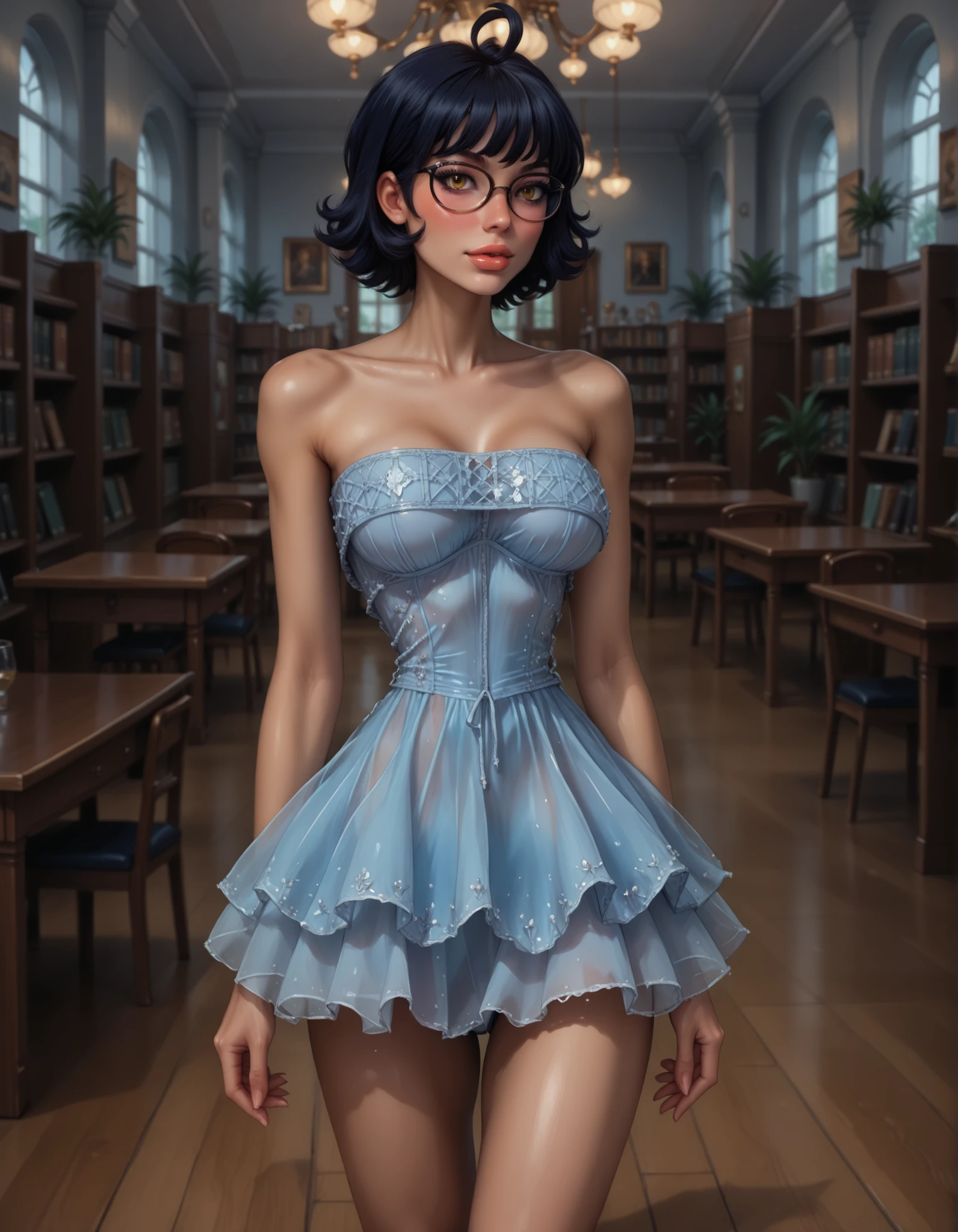 score_9, score_8_up, score_7_up, score_6_up, high resolution, ultradetailed, high detailed picture, look at you, blush, thin and elegant hands, neat palms, perfect hands, neat feet, eyelashes, fit skinny girl, long legs, full body shot, sexy revealing dress, strapless dress, short dress, blue dress, view breast, night school library interior, zhenya_es, dark blue hair, short hair, ahoge, yellow eyes, glasses, disheveled hair, 1girl, solo, small breast, bimbofusion artstyle