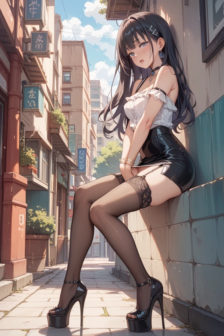 tallgts, giantess, Full body photo, BuildingSeat, big breasts, pencil skirts,black lence stockings, stiletto, (Long legs:1.2), Extremely tall girl, Above the house, Beautiful looks, Delicatemakeup, Perfect lighting, Cinematic quality, 8K, High quality, (GTS:1.5), Aerial View, With tiny, group, gtsfive, 1girl
