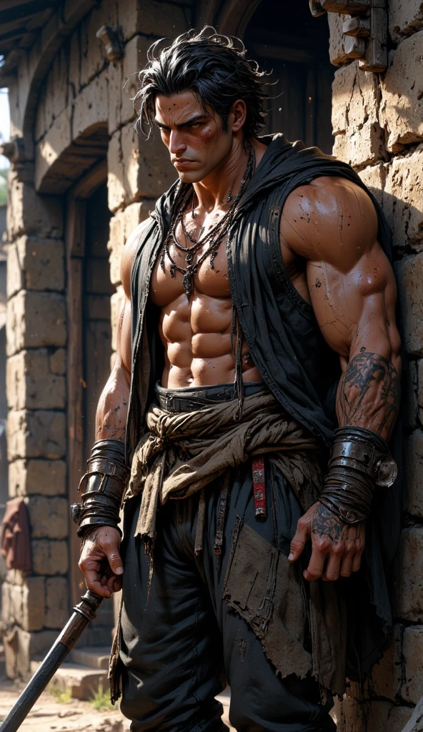 strong man, tied with chains, trapped in pillars, dramatic lighting, dark atmosphere, intense shadows, muscular physique, broken chains, determined expression, biblical theme, epic scene, powerful emotions