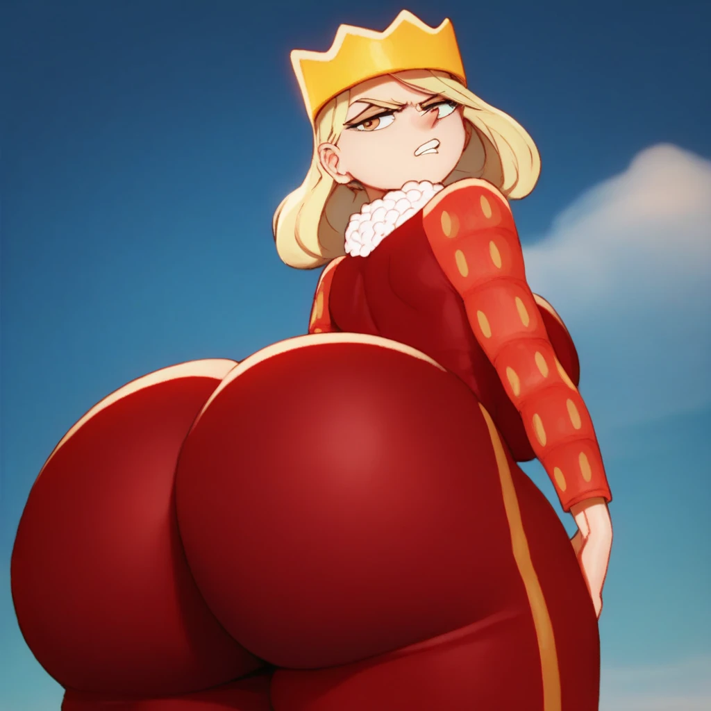 penelope, belly expose, dressed in countess outfit, blushing with cheeks turning red, gal beautiful hair with a heart shape crown on it ,