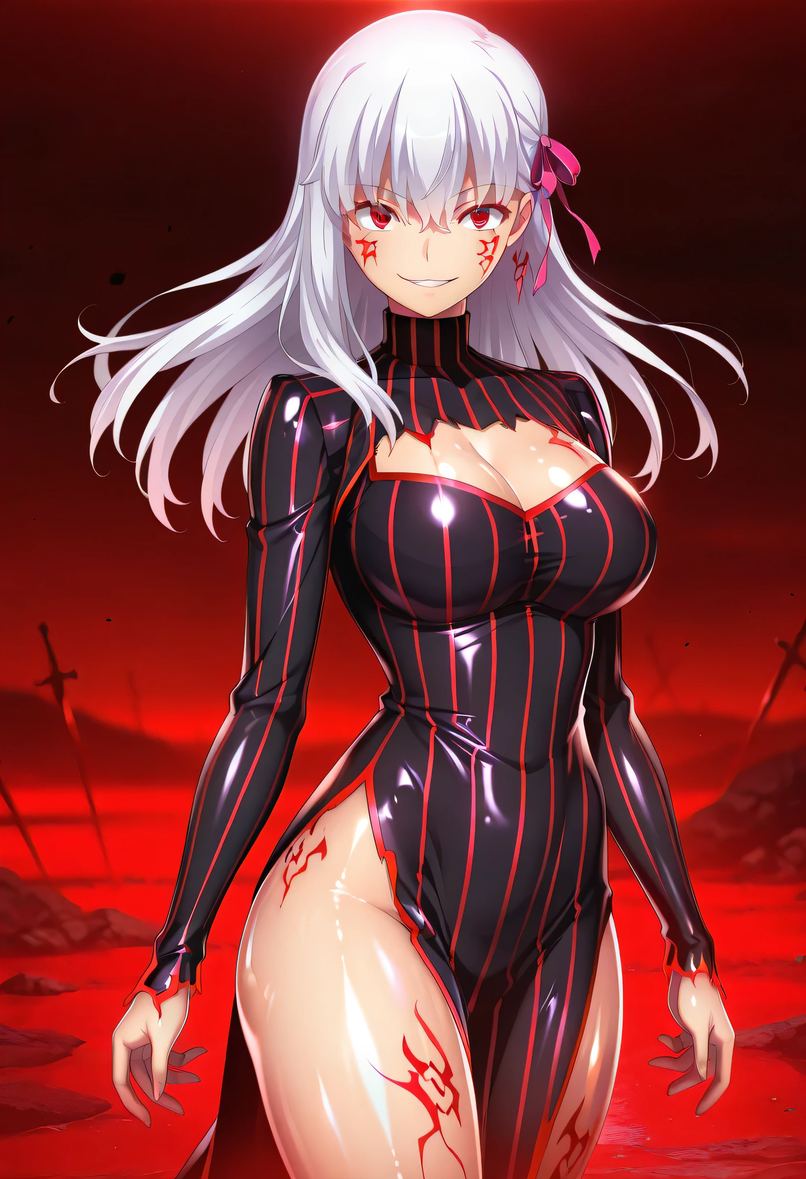 Black full body suit Red lines all over the body huge tit Big ass Whip thighs seductiv a smile succubus Sit up