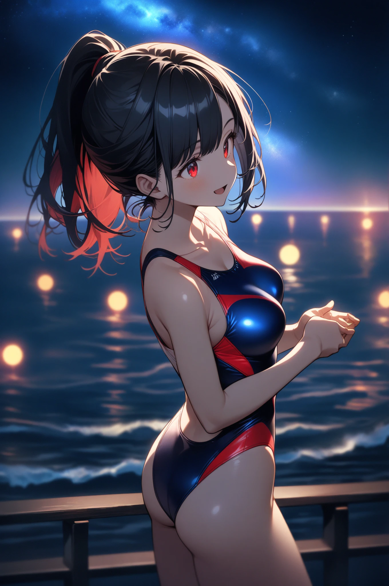 (((beautiful))), (((leotard, レースのleotard, 光沢のある長袖leotard, Full Body))), ((Black Hair, parted bangs, forehead, ponytail)), One Woman, Waistline, Narrow waist, Glowing Skin, Sweat, White skin, (((Intricate details))), High resolution, ((Intricate details, Ultra-detailed)), Are standing, from front, wide shot, (looking at viewer, look at viewer), Red cheeks, smile, gym,