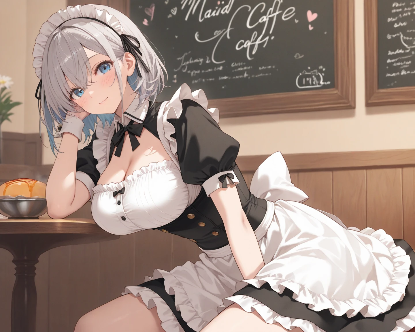 (high quality, 8k, 4K, High Contrast, masterpiece:1.2, 最high quality, Best aesthetics), , Maid, Very detailed, Seductive and erotic girl with lace headdress, smile, (Normal milk, Silver fur), Focus on the face, Focus on the face, Complex eyes, tights, laced tights, coffee shop, Ground angle shot, Viewers looking up, feet in tights, Open-chested clothing