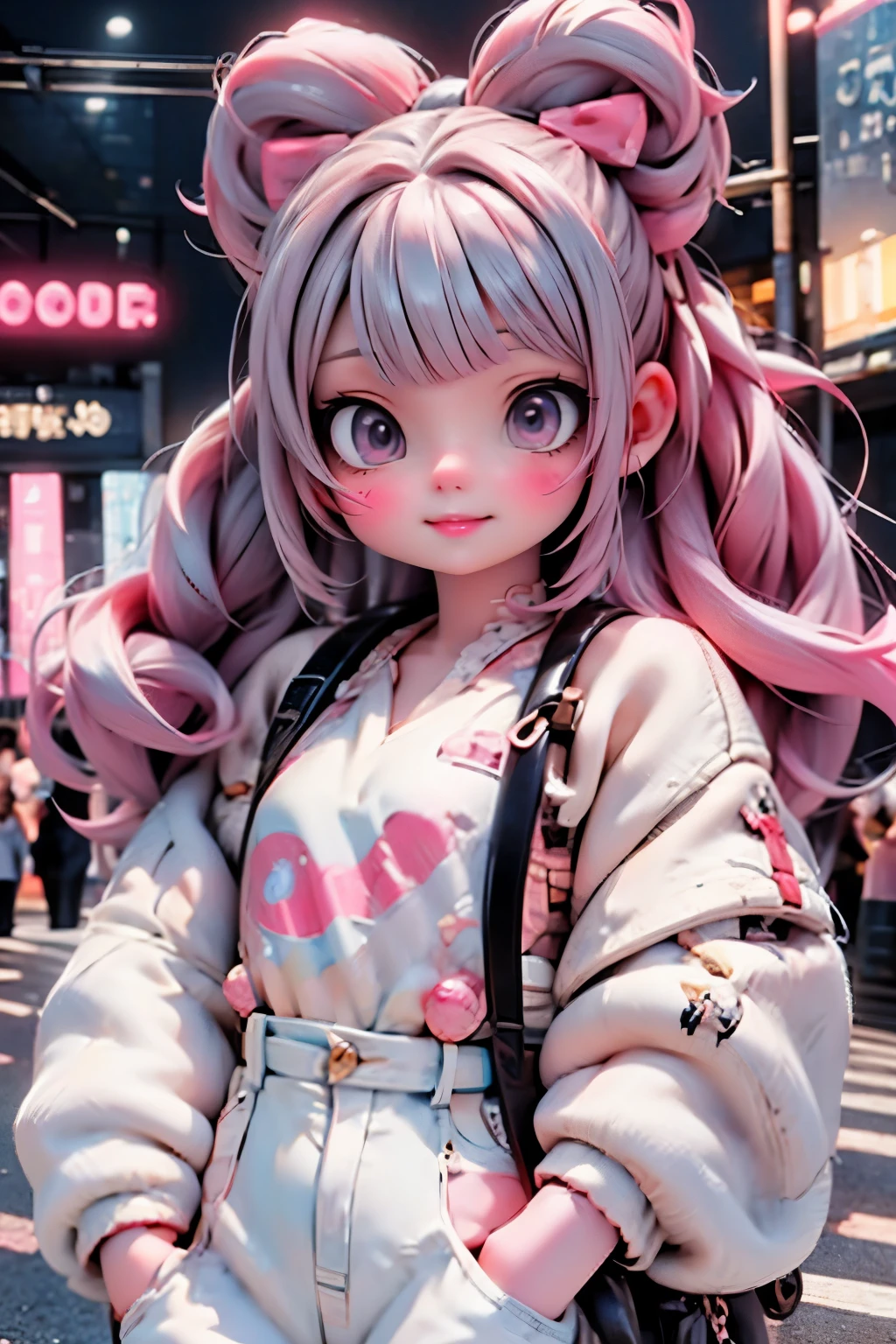 A vibrant nighttime scene on Harajuku's bustling streets. A young girl with pink hair and matching hair bows beams with excitement, her face painted with bold makeup. She wears a striking outfit of white and pink hues, embodying the district's eclectic fashion style. The camera captures her joyful expression up close, with the neon lights of Harajuku's billboards and street art subtly illuminating the scene.