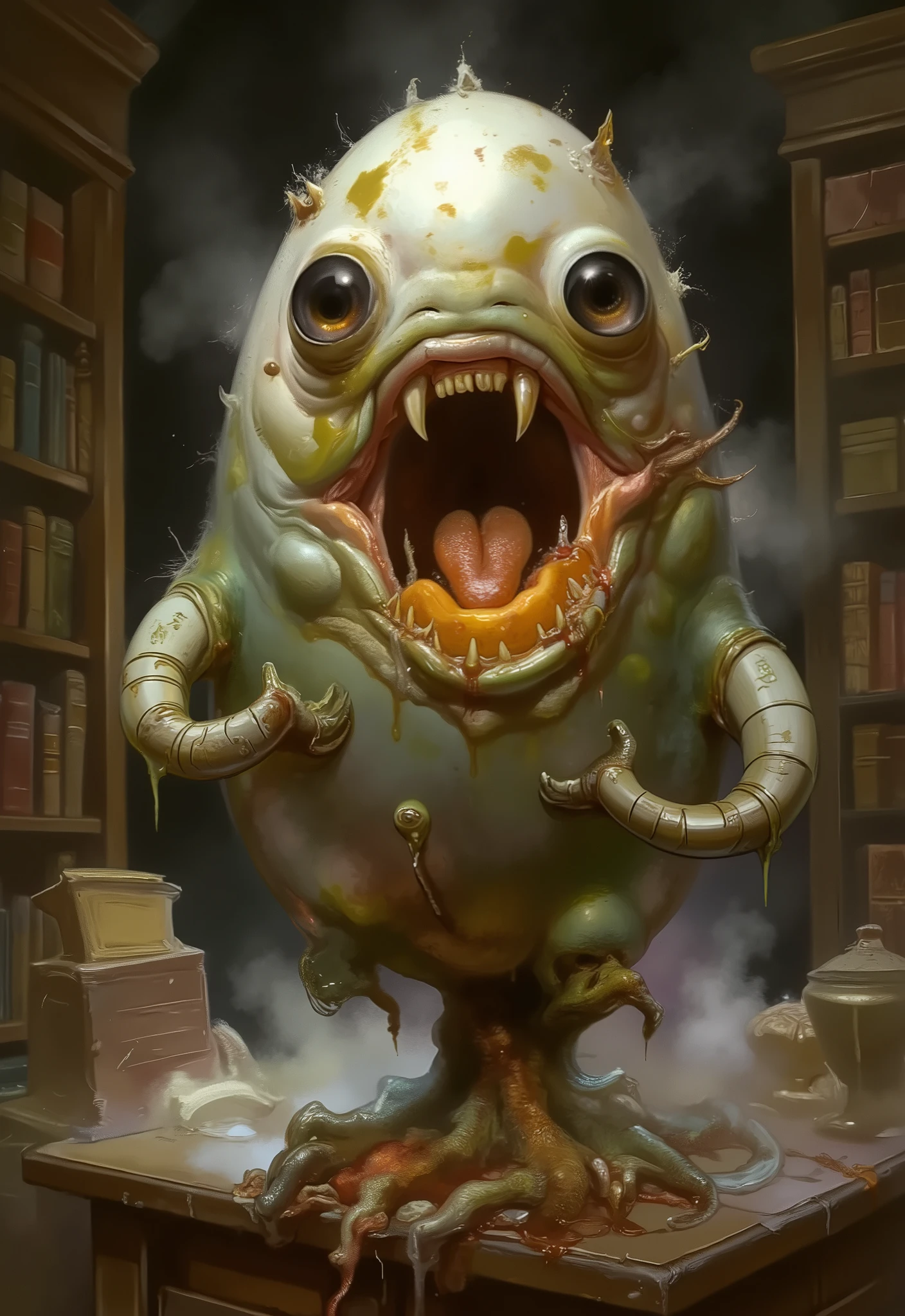 Terrifying documentary photograph of An egg creature. Covered in mucus and goo. Bulging gloopy eyes. wide mouth with many tiny teeth. clear Saliva drooling. goopy egg nightmare. It has thin legs and short arms. It is standing on a table in a dimly lit library. Fleshy limb textures. otherworldly cosmic horror egg creature. White egg with drippy runny yellow yolk. There is some blood dripping from it's mouth. Disgusting disturbing textures. Agonizing. it is screaming.