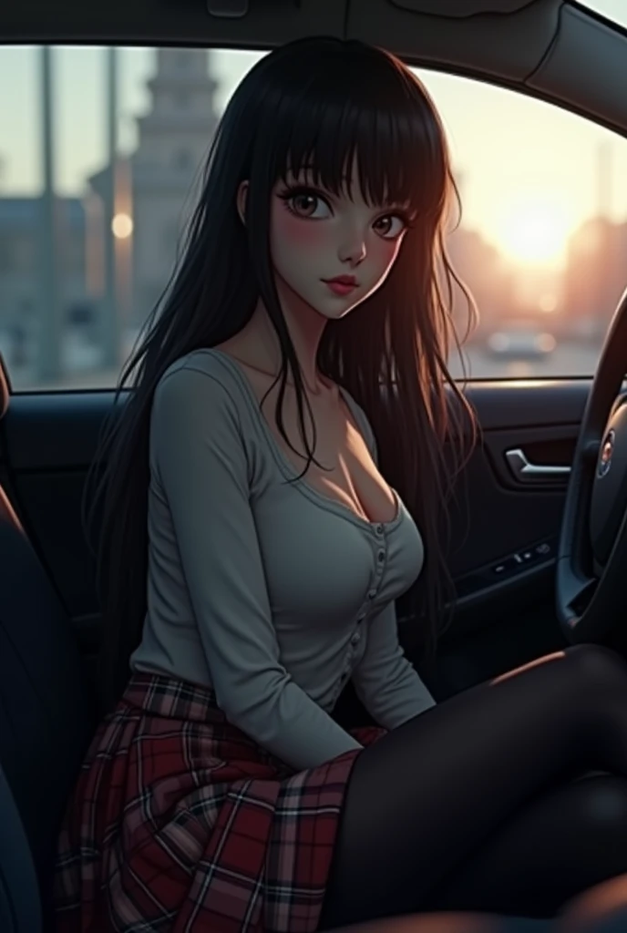 black hair woman, in a bathing suit embarrassed at a traffic light